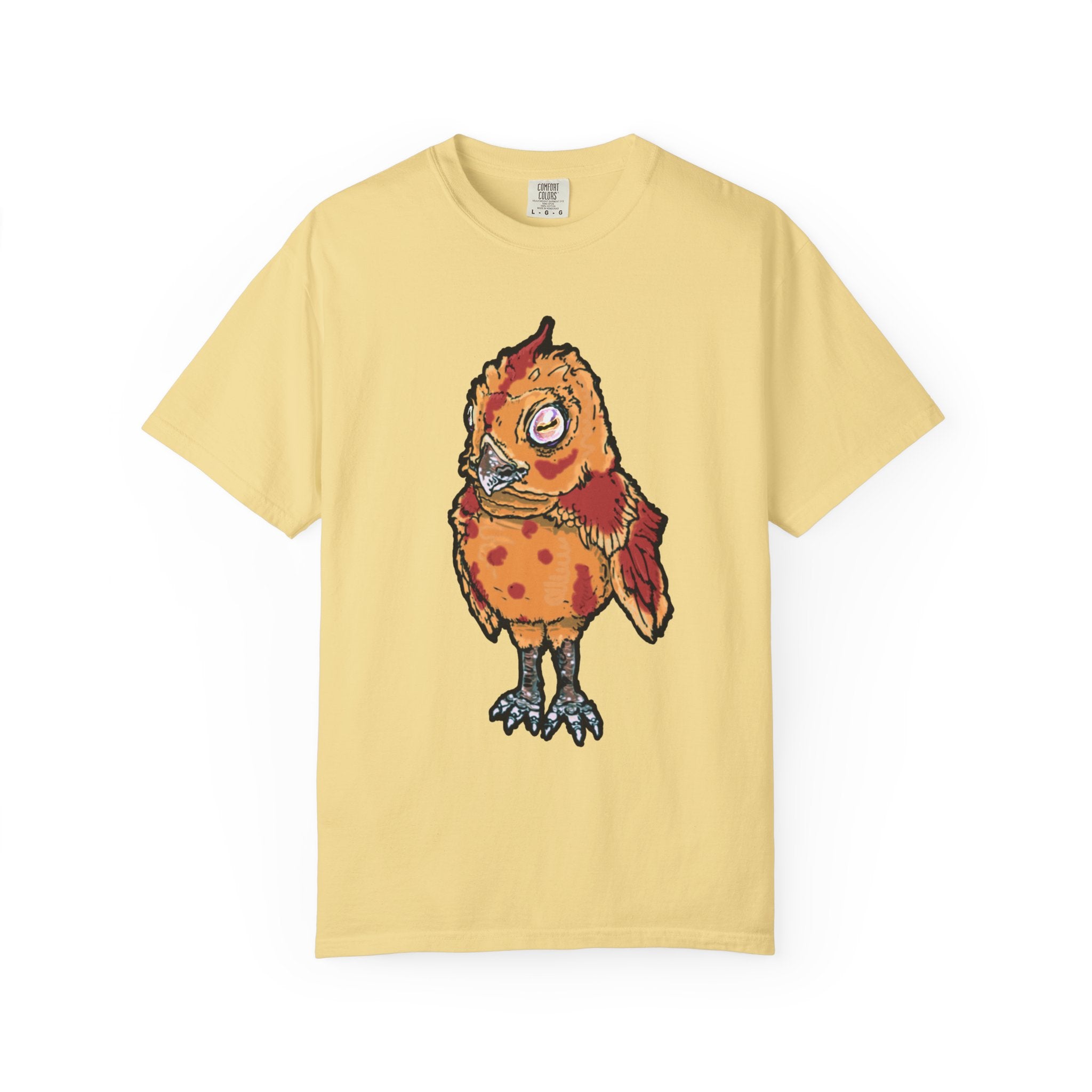 Hand-drawn spotted pizza owl monster t-shirt with melted cheese spots, pepperoni red markings and big multicolored eye tee from PizzaBytes collection