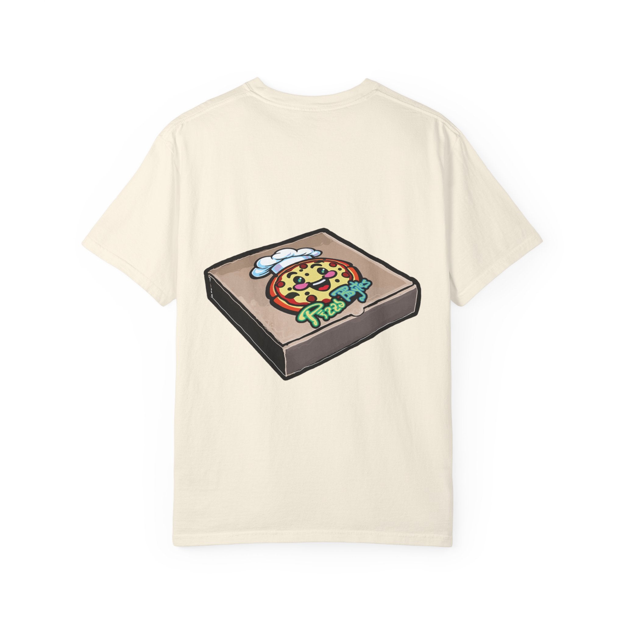 Hand-drawn rainbow donut pizza box t-shirt showing open pizza box with a colorful sprinkle donut from PizzaBytes collection

