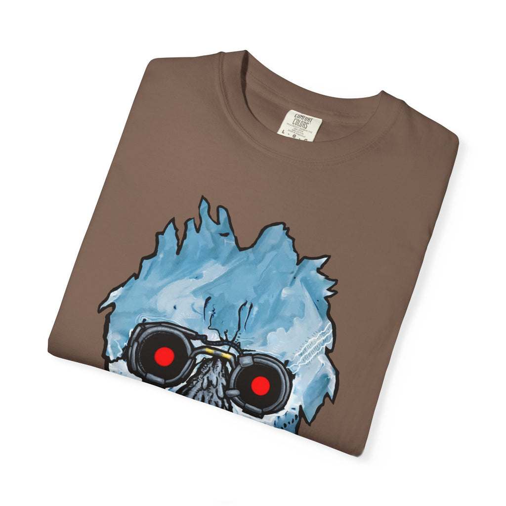 Freaky Features Iceman t-shirt, front shows frozen ice monster head with red goggles and fangs, back shows open pizza box with ice pizza inside
