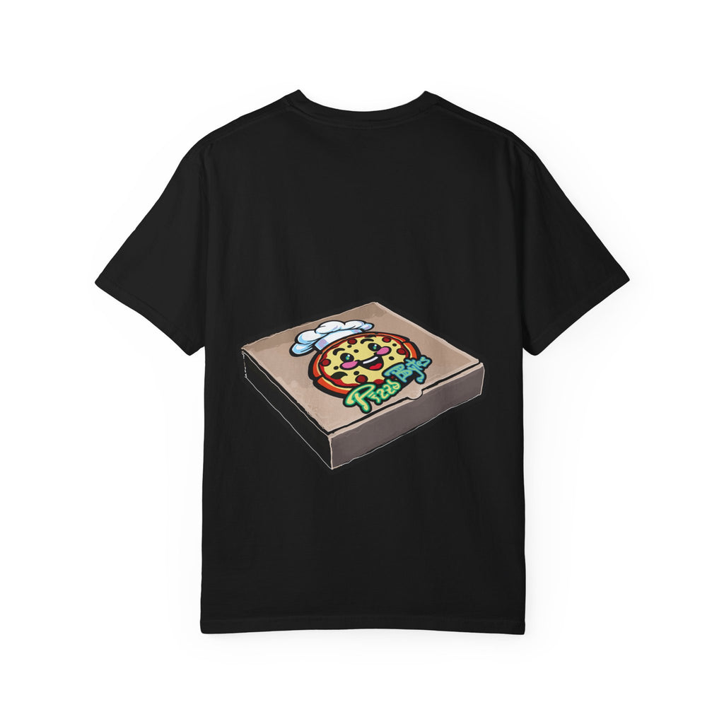 Hand-drawn ghost pizza box t-shirt showing open pizza box with a spooky ghost inside from PizzaBytes collection

