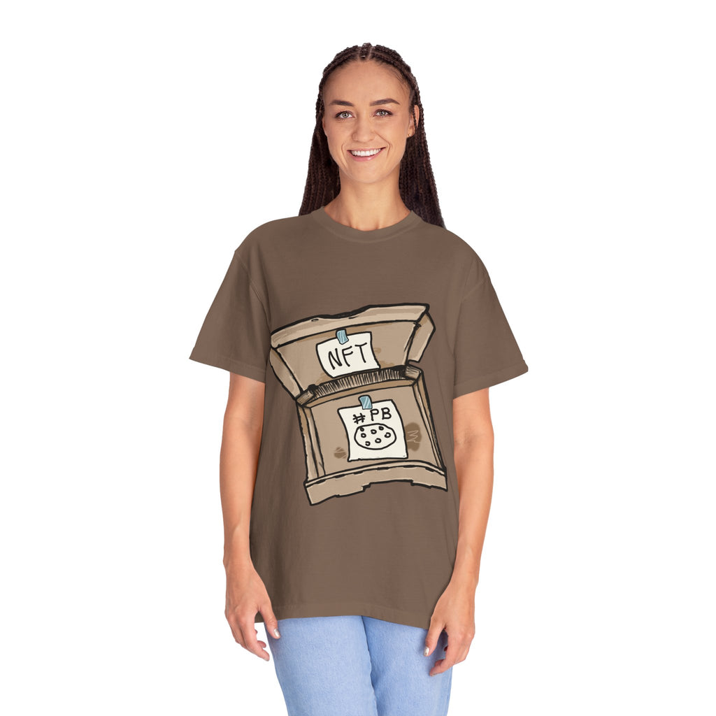 Hand-drawn NFT pizza box t-shirt showing open pizza box with NFT note and #PB pizza drawing from PizzaBytes collection

