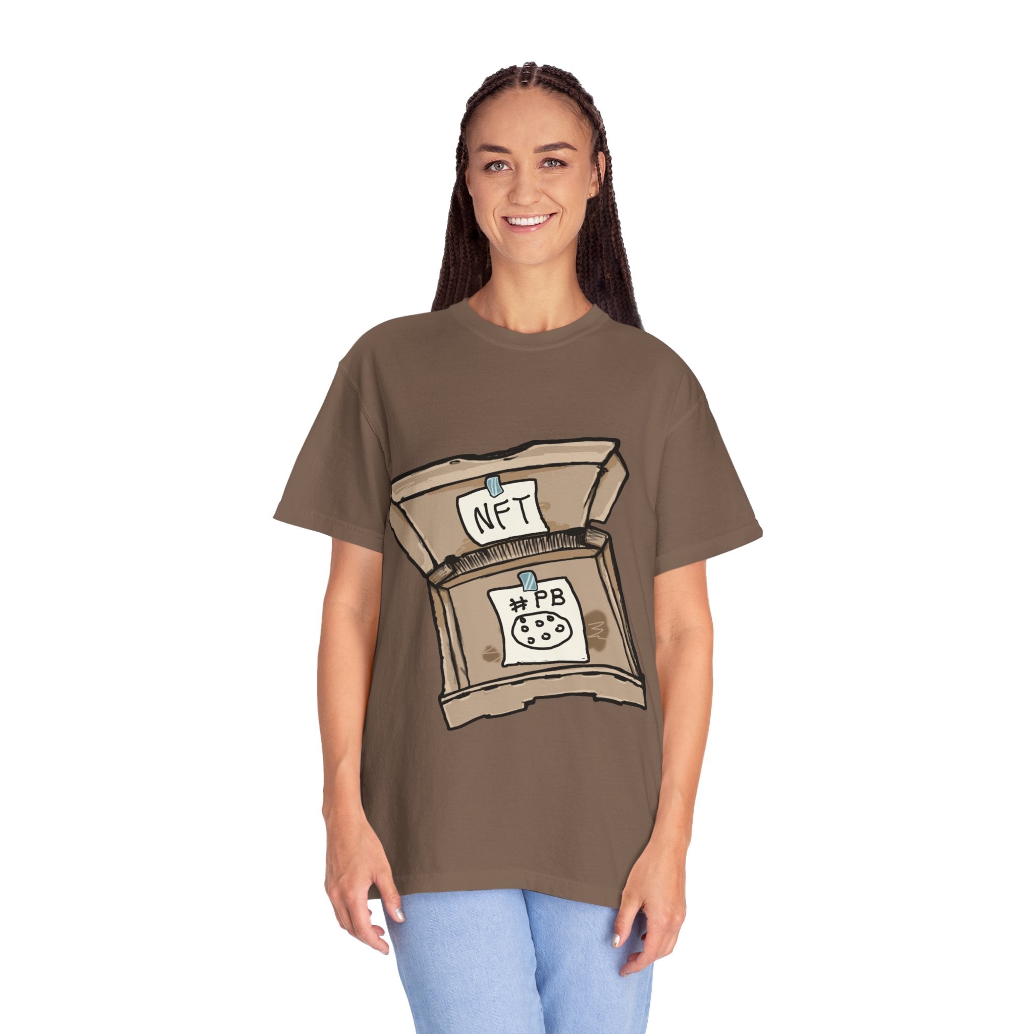 Hand-drawn NFT pizza box t-shirt showing open pizza box with NFT note and #PB pizza drawing from PizzaBytes collection

