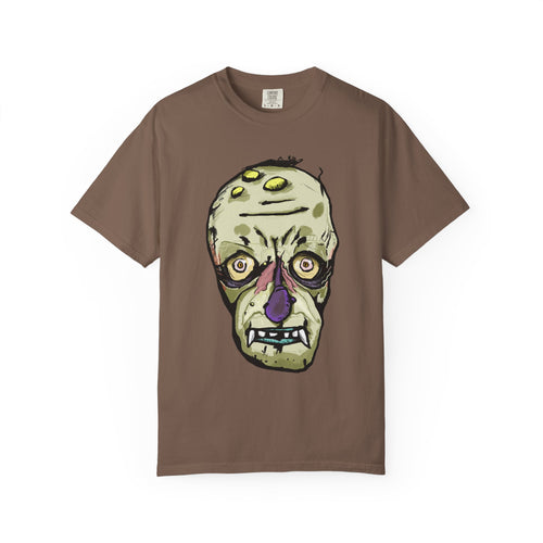Freaky Features Gremlin t-shirt, front shows grotesque gremlin head with yellow hair and long tongue, back shows open pizza box with wrapped gift inside
