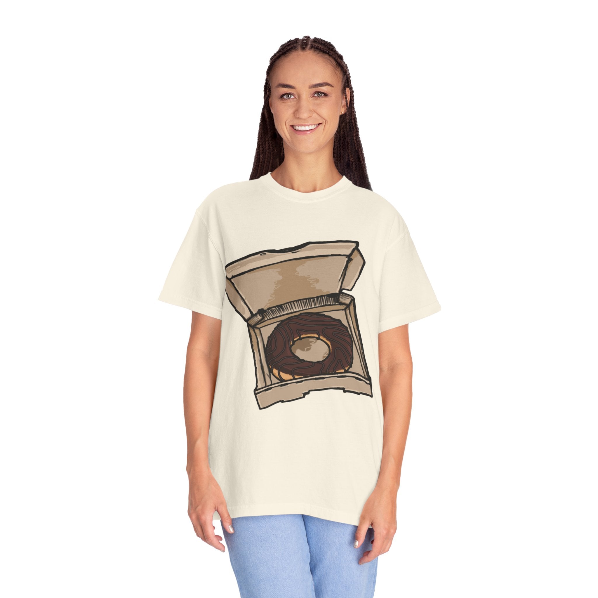 Hand-drawn donut pizza box t-shirt showing open pizza box with chocolate glazed donut from PizzaBytes collection

