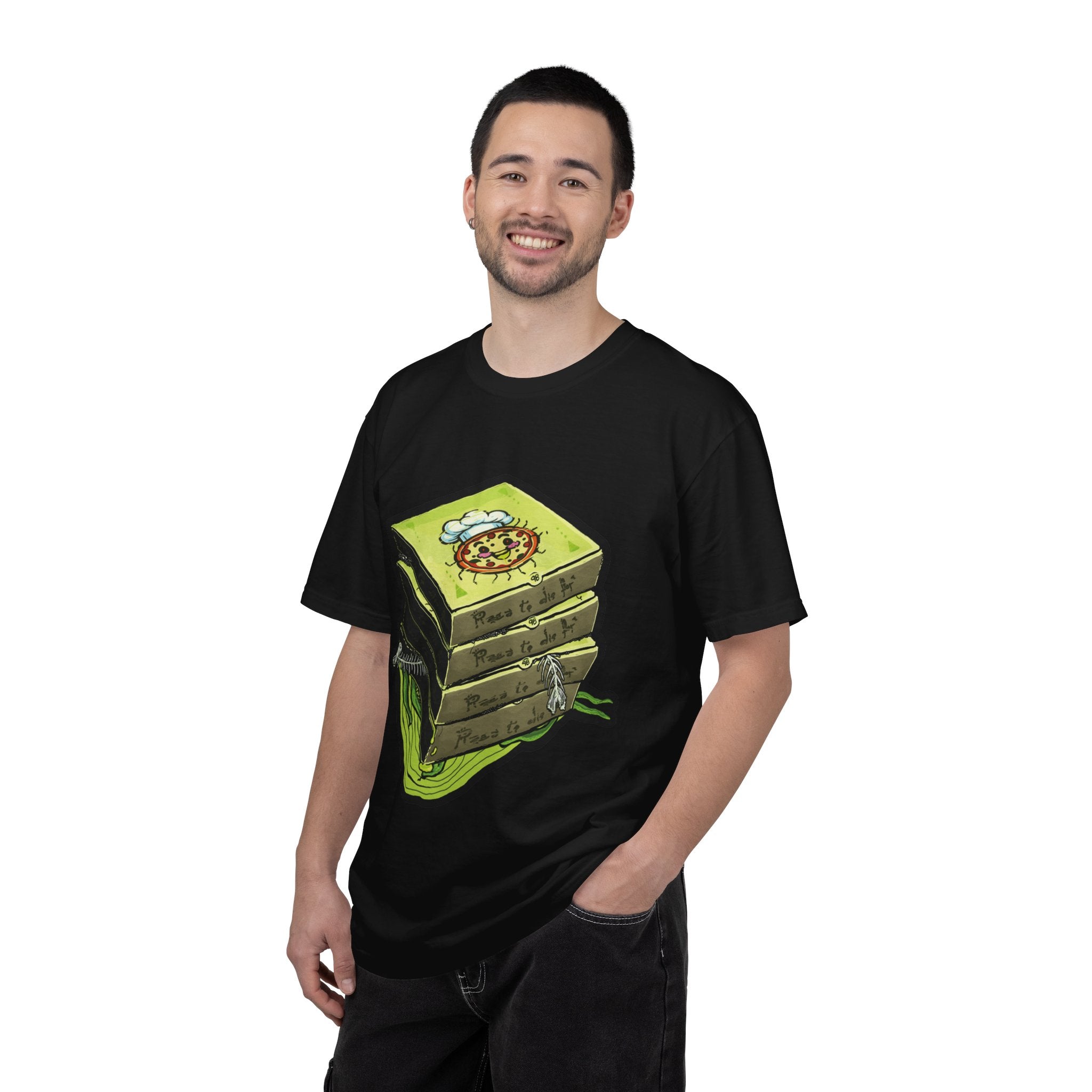 Hand-drawn toxic pizza stack t-shirt with glowing green pizza character and slimy tentacle on tee from PizzaBytes collection