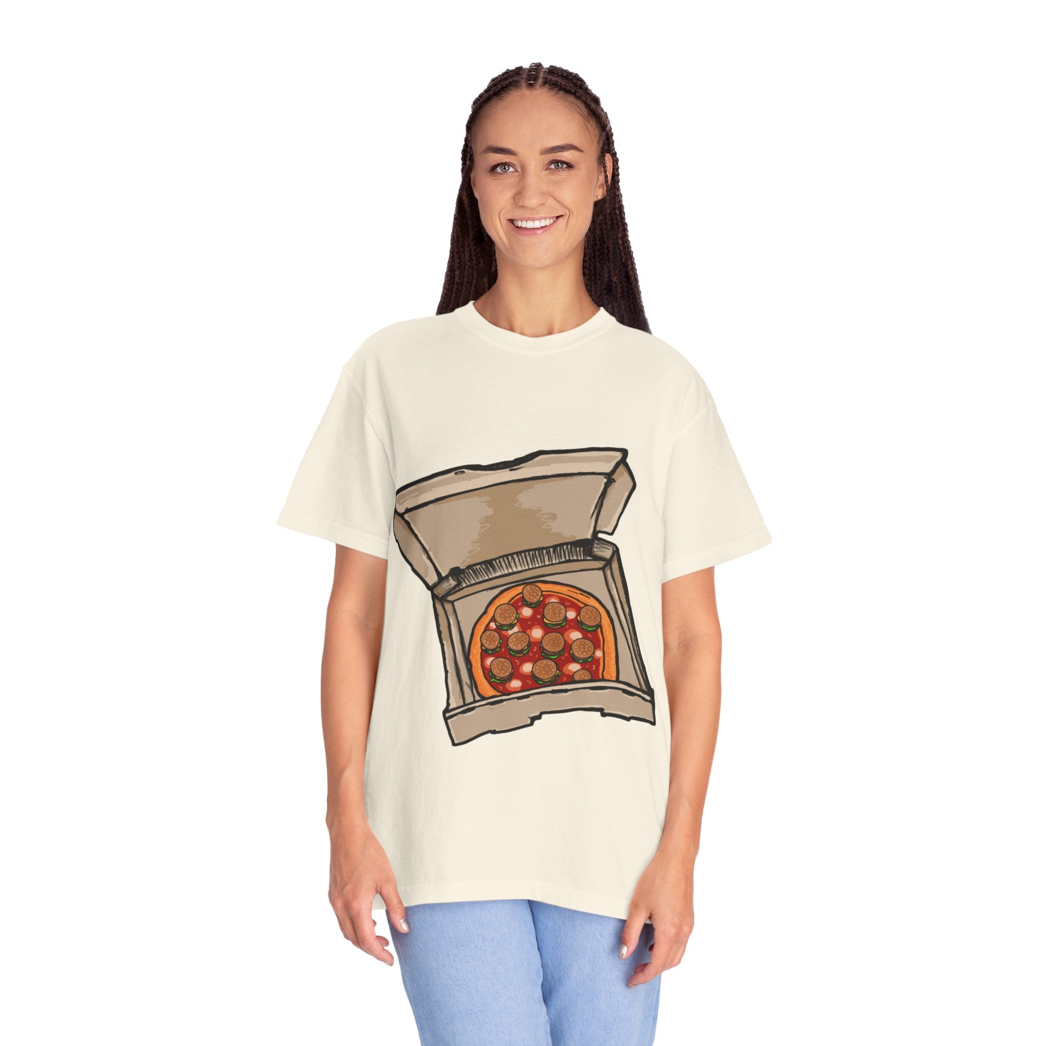 Hand-drawn burger pizza box t-shirt showing open pizza box with pepperoni pizza topped with mini cheeseburgers on Comfort tee from PizzaBytes collection