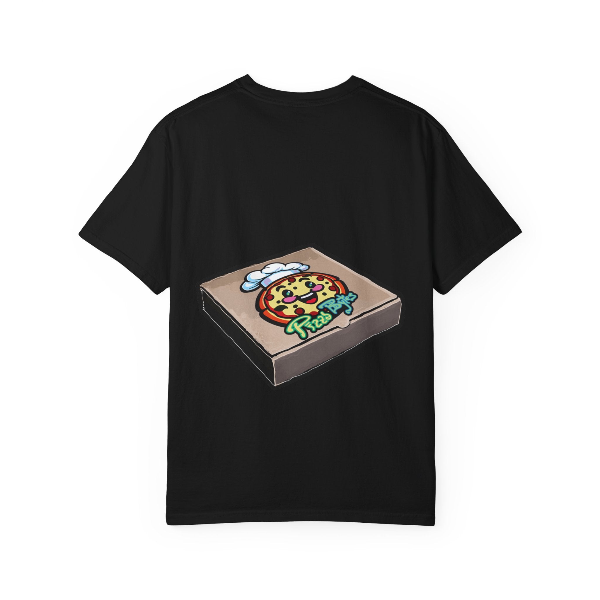 Hand-drawn frisbee pizza box t-shirt showing open pizza box with green frisbee pepperoni pizza from PizzaBytes collection

