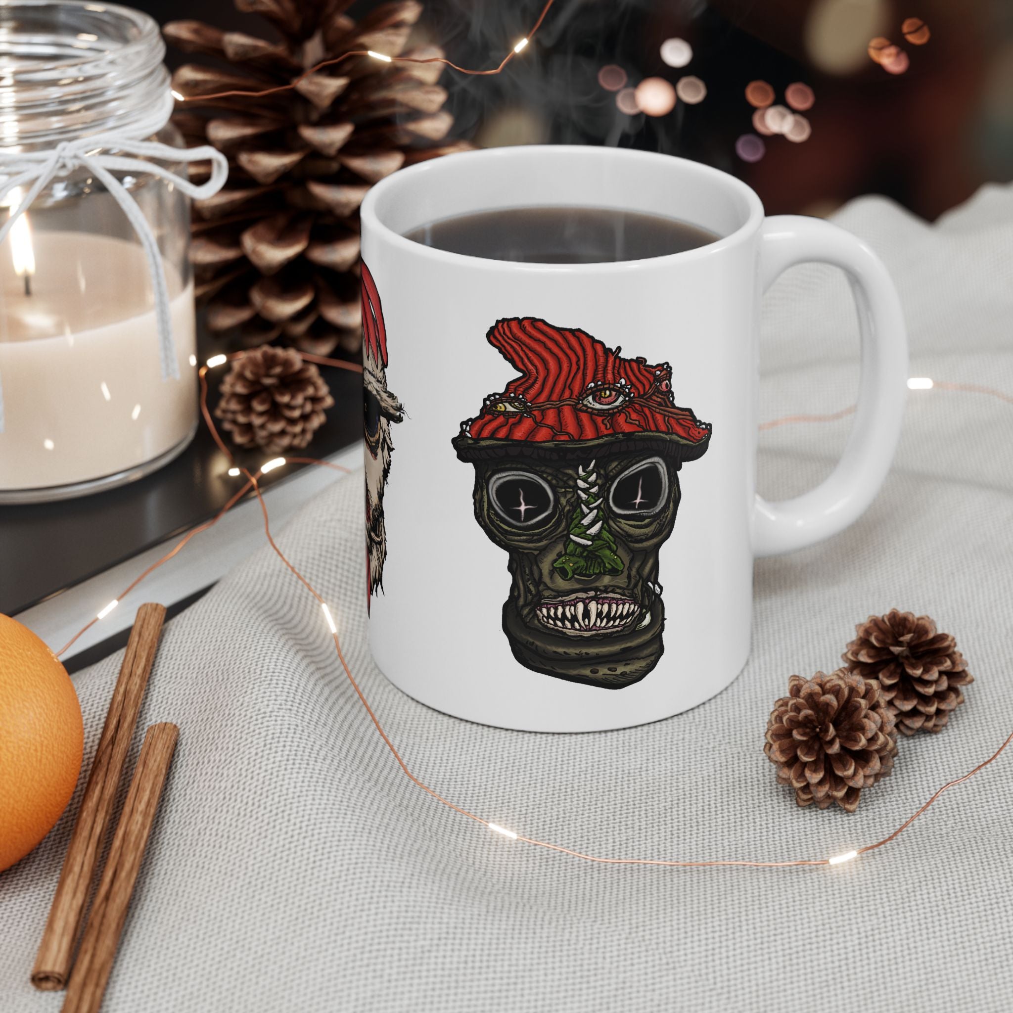 Freaky Features Mummy Chicken Mushroom mug showing three monster designs: bandaged mummy with exposed brain, paranoid rooster with sunglasses, and multi-eyed mushroom skull on white ceramic mug

