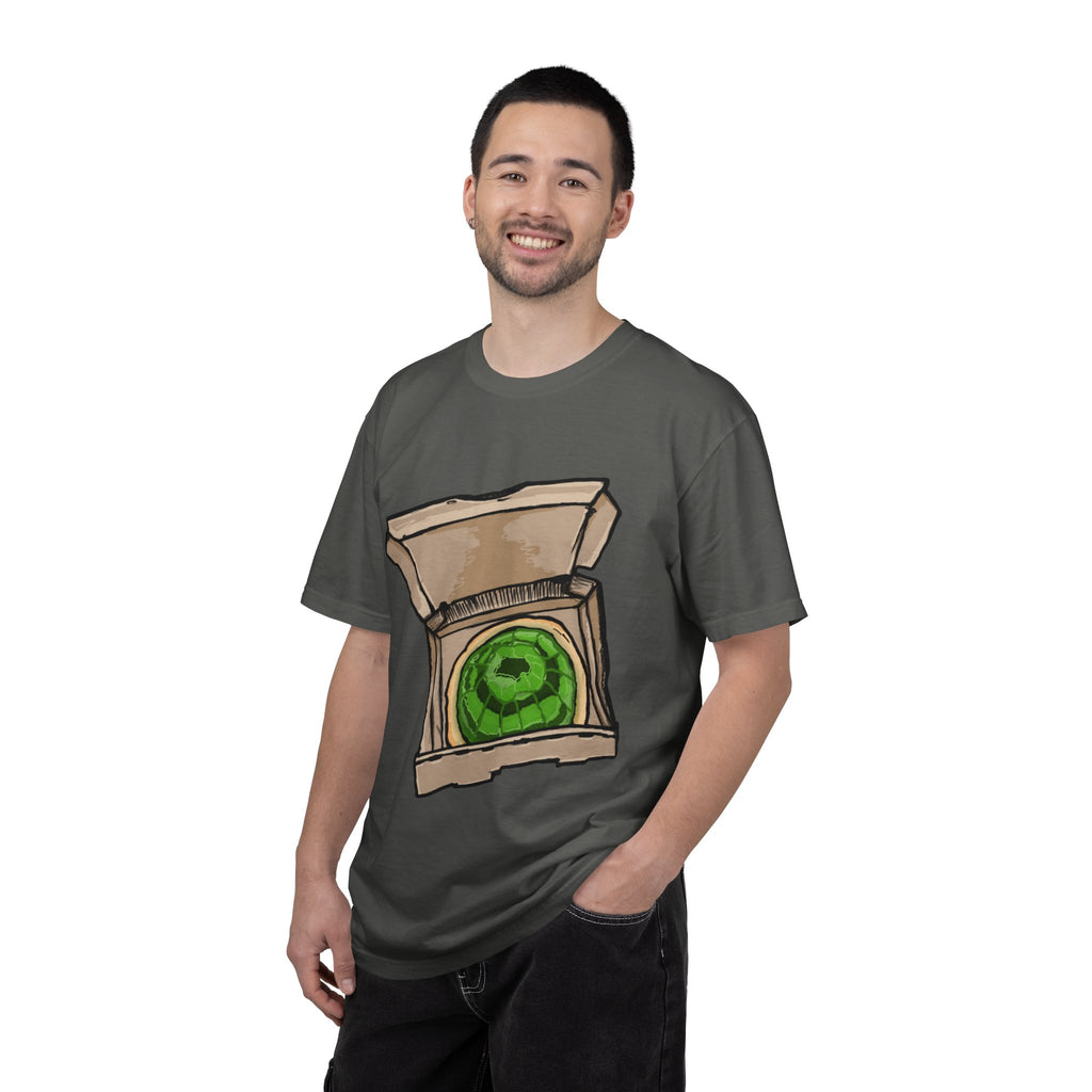 Hand-drawn jelly pizza box t-shirt showing open pizza box with green wobbly jelly pizza from PizzaBytes collection


