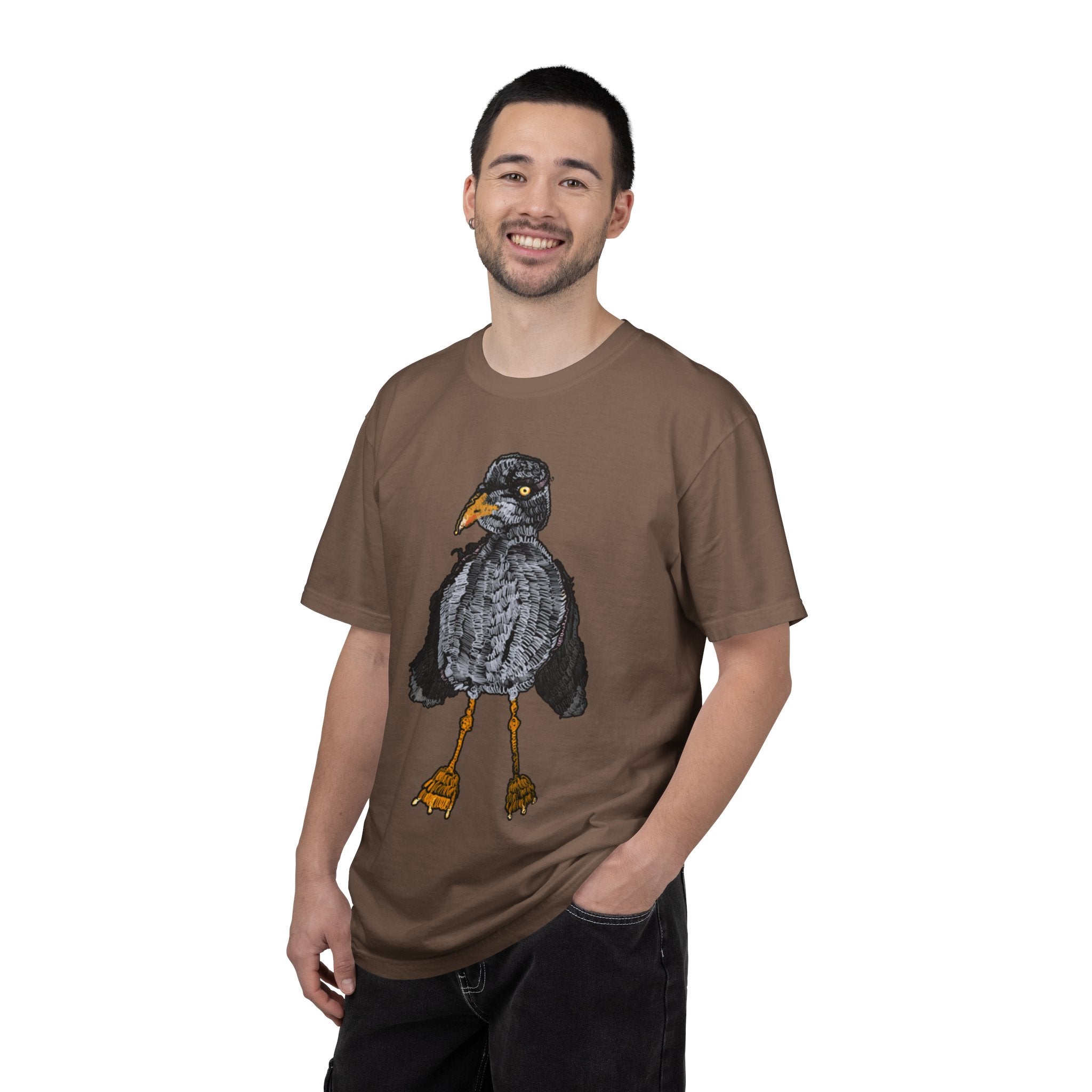 Hand-drawn crocheted staring seagull t-shirt with textured feathers, intense yellow eye and orange legs on Comfort Colors tee from PizzaBytes collection
