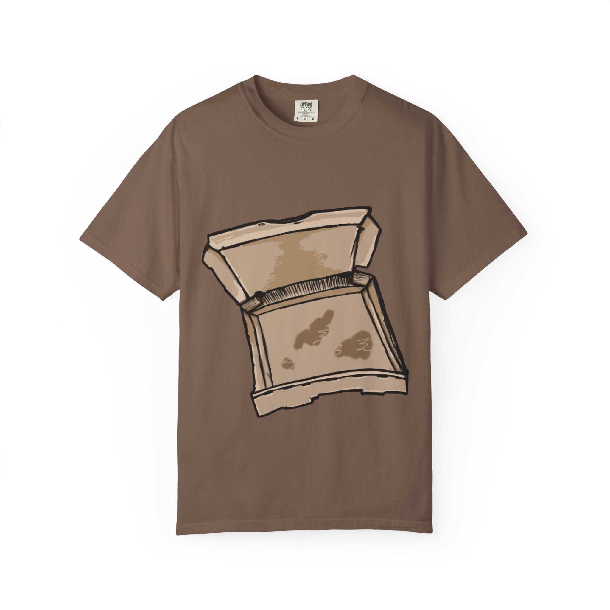 Hand-drawn empty pizza box t-shirt showing open box with grease stains on Comfort tee from PizzaBytes collection
