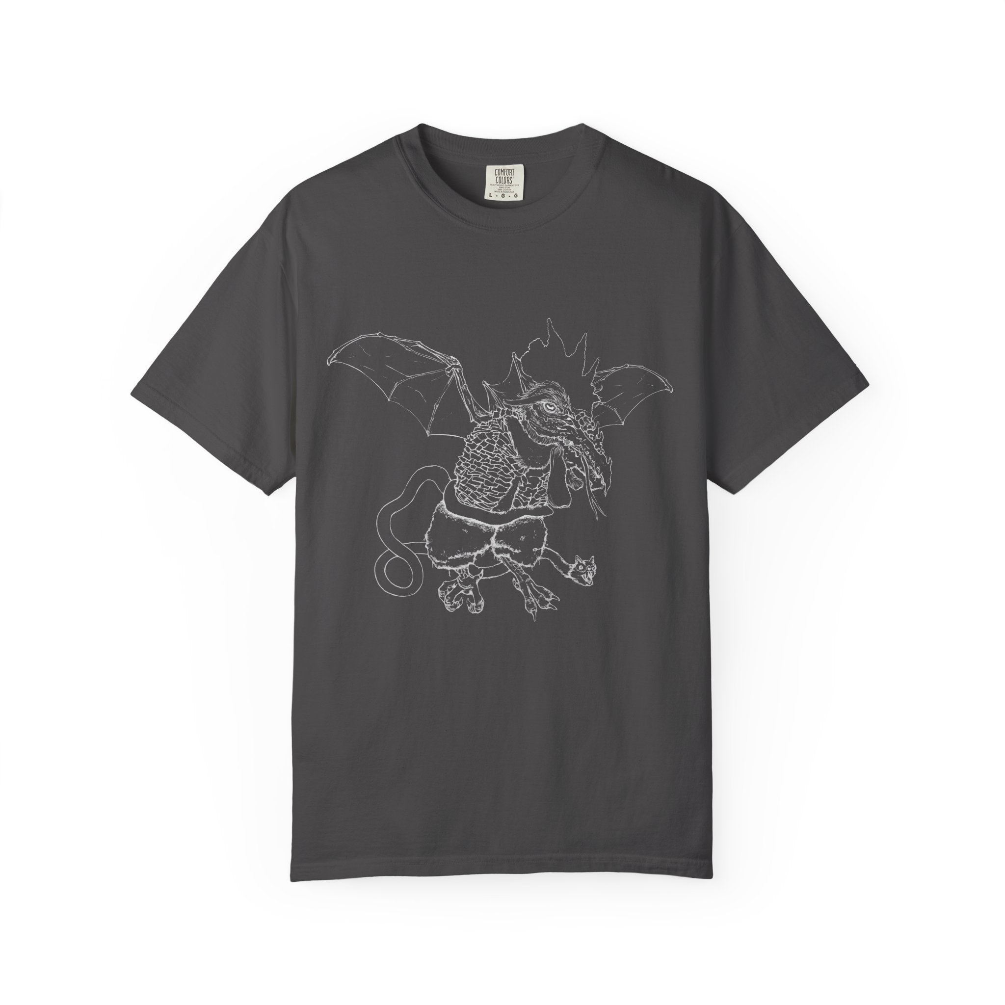 Hand-sketched Cockatrice t-shirt from Serenity Chain, mythical rooster-serpent creature in raw white line art on black tee
