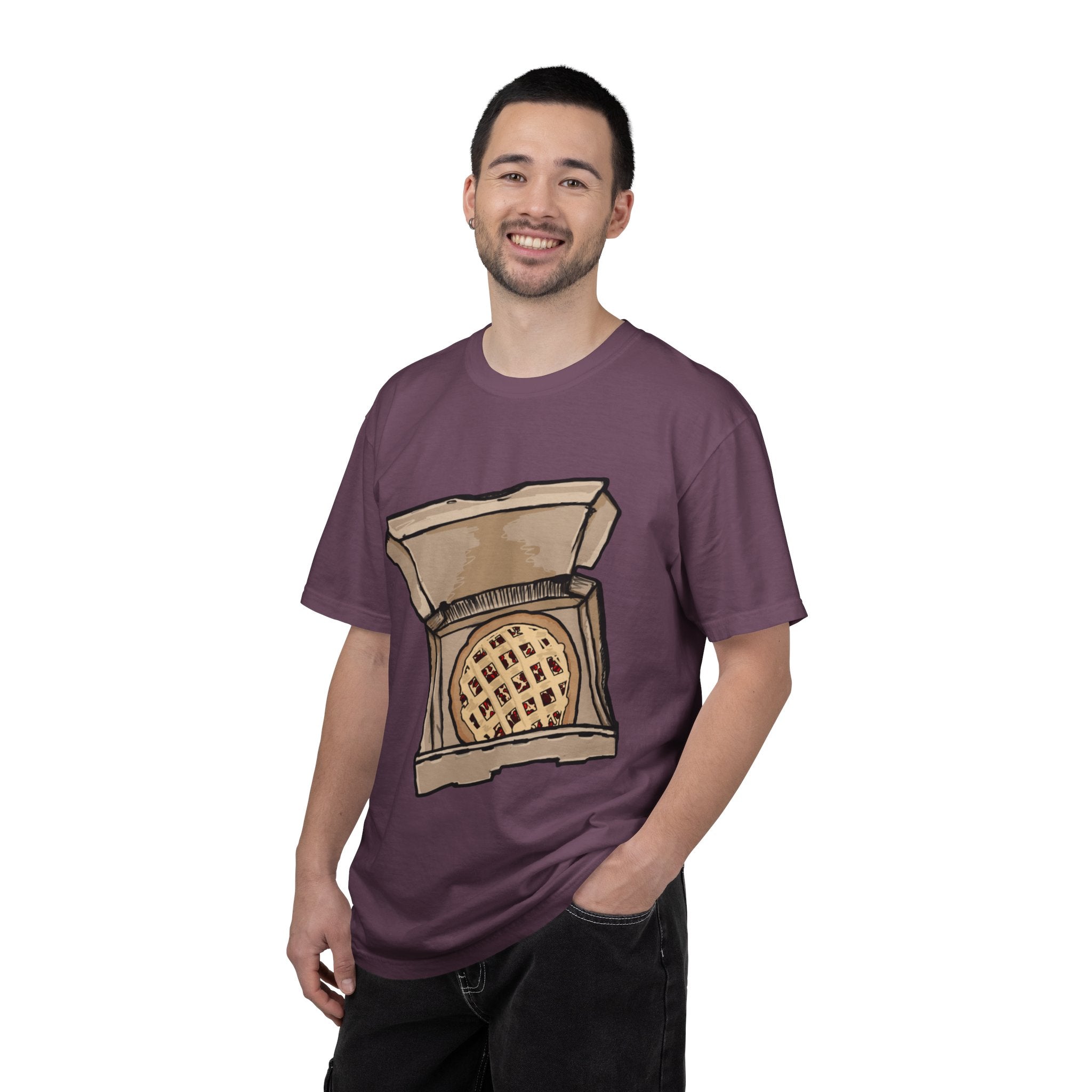 Hand-drawn cherry pie pizza box t-shirt showing open pizza box with lattice-top cherry pie from PizzaBytes collection

