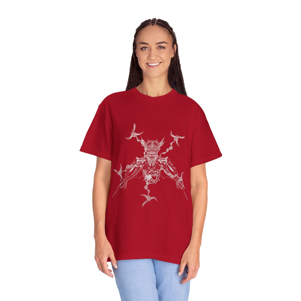 Hand-sketched Reptile Angel t-shirt from Serenity Chain, grotesque winged reptilian creature in raw white line art on black tee
