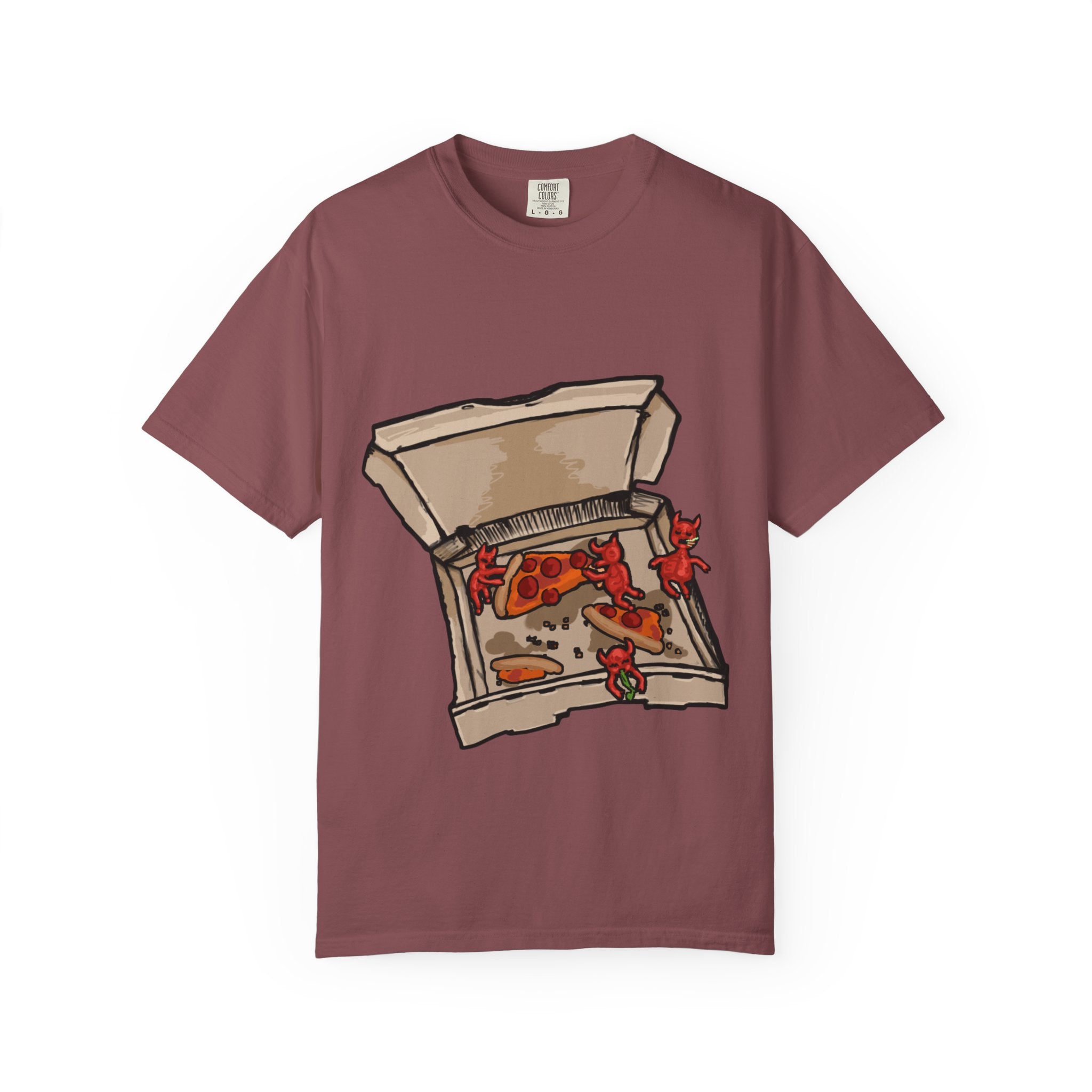 Hand-drawn little devils pizza box t-shirt showing open pizza box with cute red devils eating and stealing pepperoni pizza slices from PizzaBytes collection

