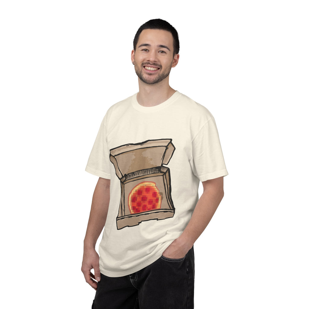 Hand-drawn pixel pizza box t-shirt showing open pizza box with 8-bit pixel art pepperoni pizza from PizzaBytes collection

