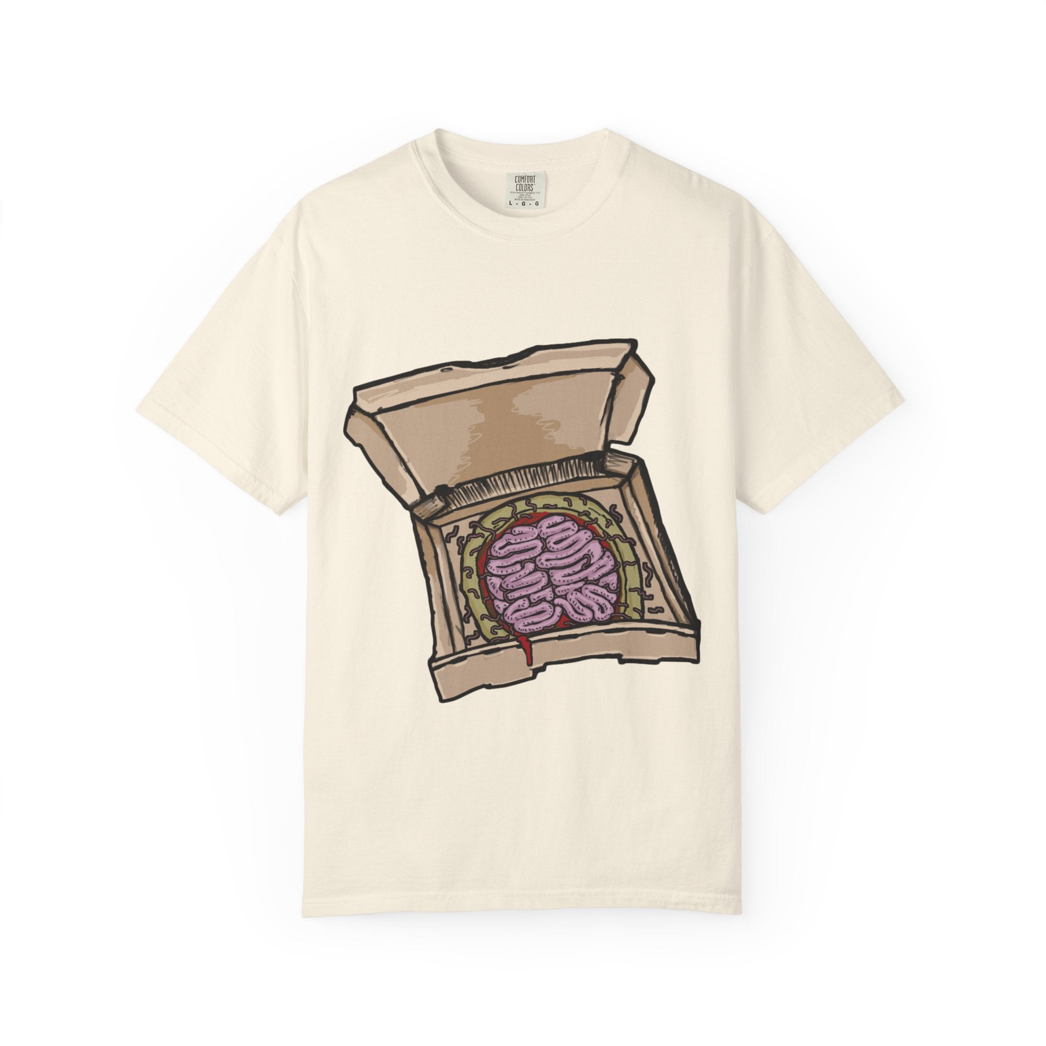 Hand-drawn brain pizza box t-shirt showing open pizza box with a detailed human brain pizza from PizzaBytes collection

