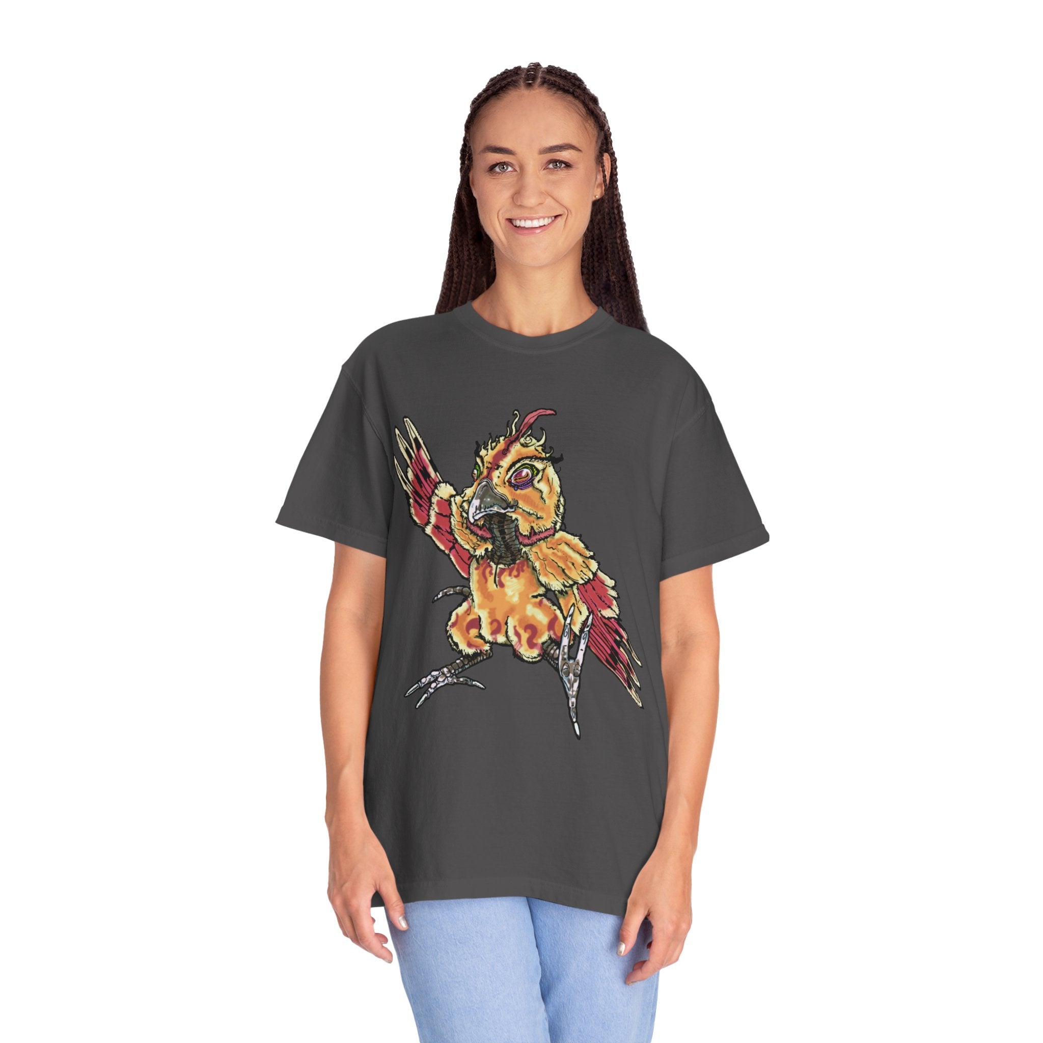 Fiery Inferno Phoenix Pizza Monster T-Shirt, Hand-drawn pizza phoenix with melted cheese flames, pepperoni wings, and glowing eyes on Comfort Colors tee from PizzaBytes collection
