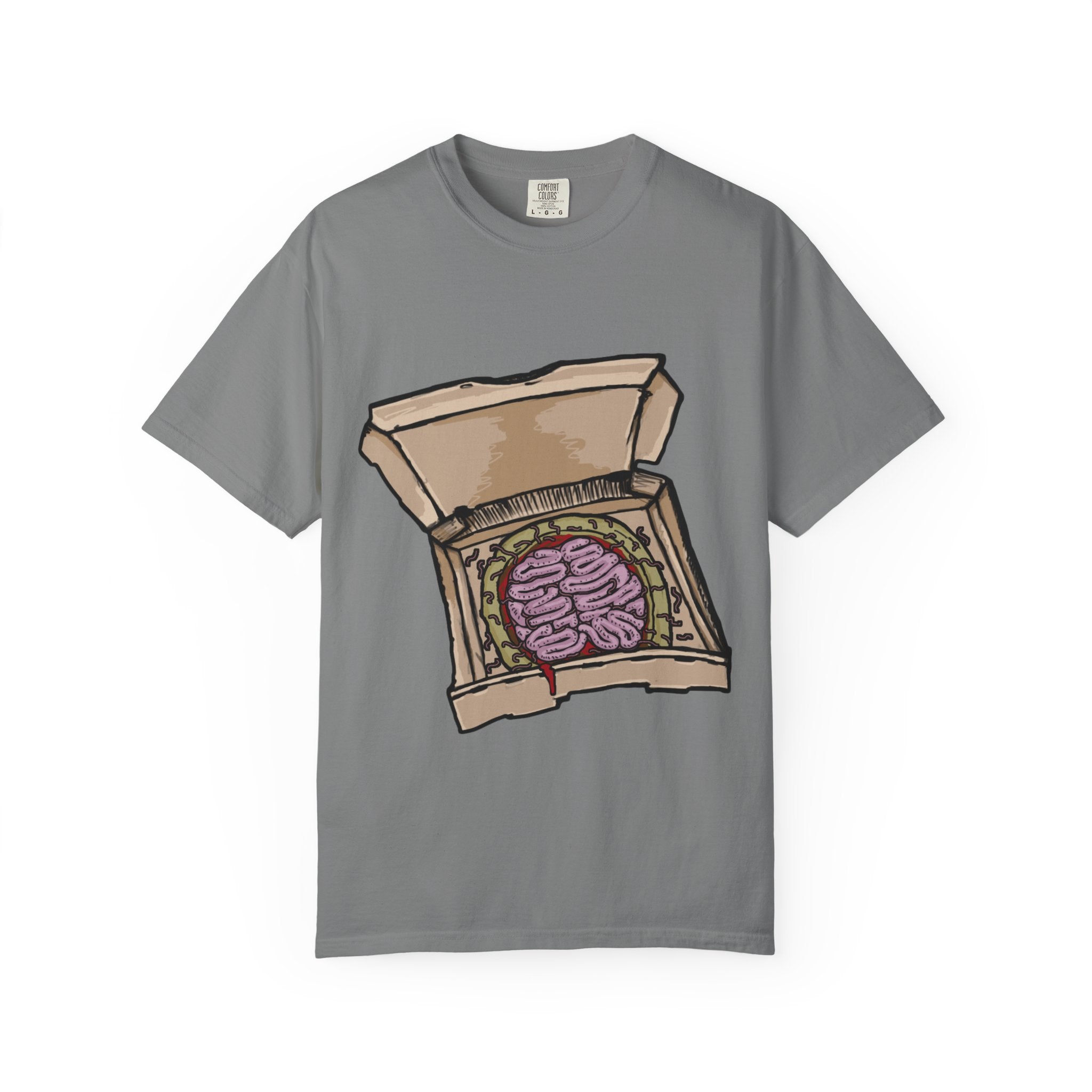 Hand-drawn brain pizza box t-shirt showing open pizza box with a detailed human brain pizza from PizzaBytes collection

