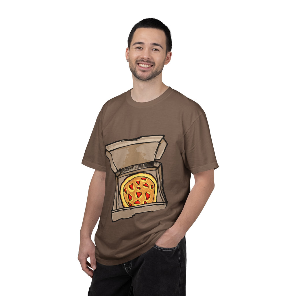 Hand-drawn gold pizza box t-shirt showing open pizza box with gold pizza and red diamond toppings from PizzaBytes collection

