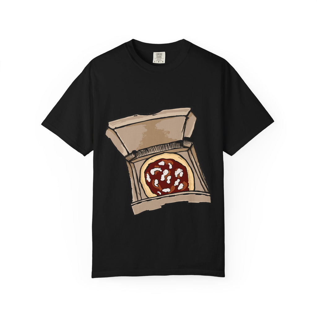 Hand-drawn mozzarella pizza box t-shirt showing open pizza box with red sauce and mozzarella cheese from PizzaBytes collection

