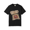 Hand-drawn mozzarella pizza box t-shirt showing open pizza box with red sauce and mozzarella cheese from PizzaBytes collection

