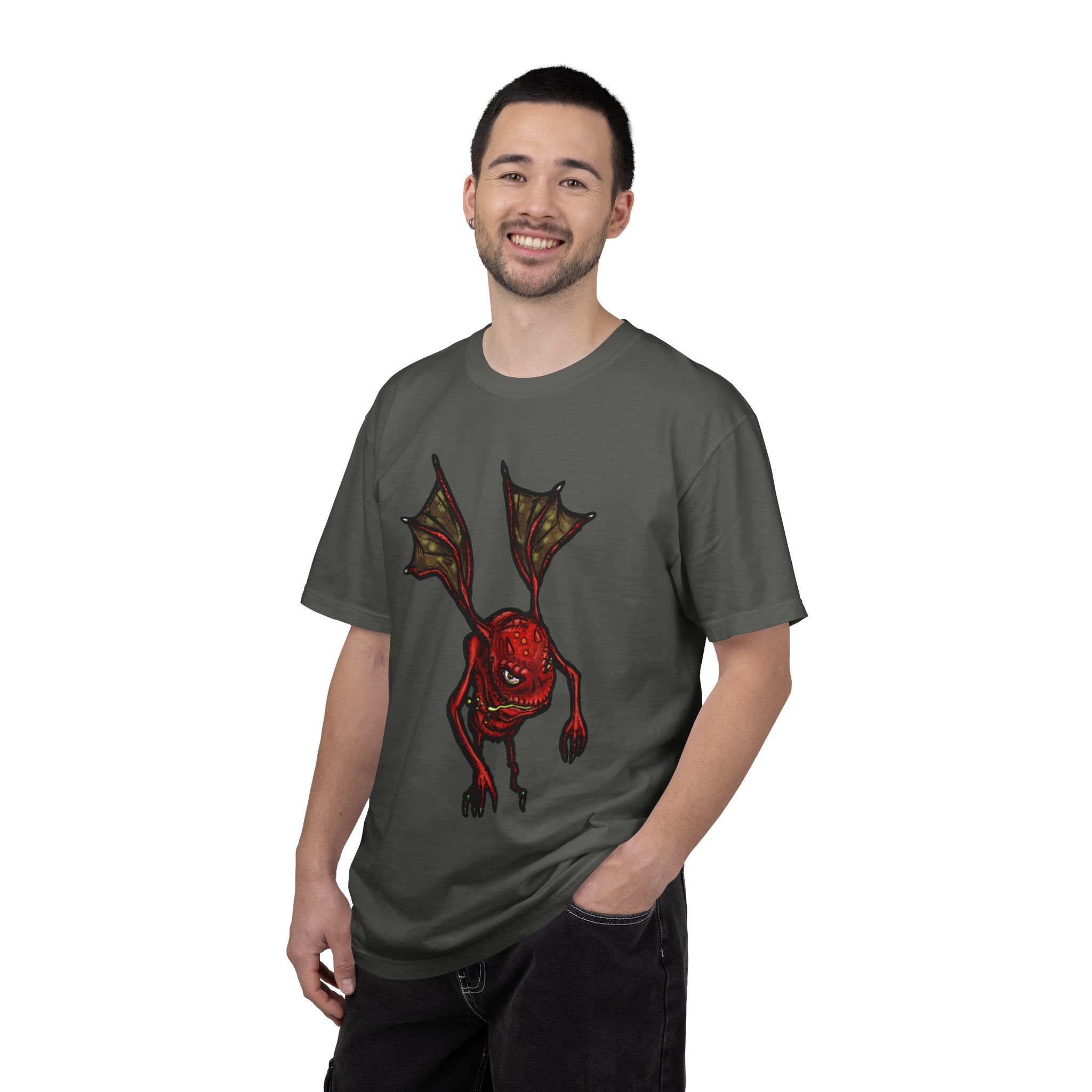 Freaky Features Fire Imp t-shirt, front shows a red bat-winged fire imp, back shows a monster-headed pizza box being raided by little red devils 
