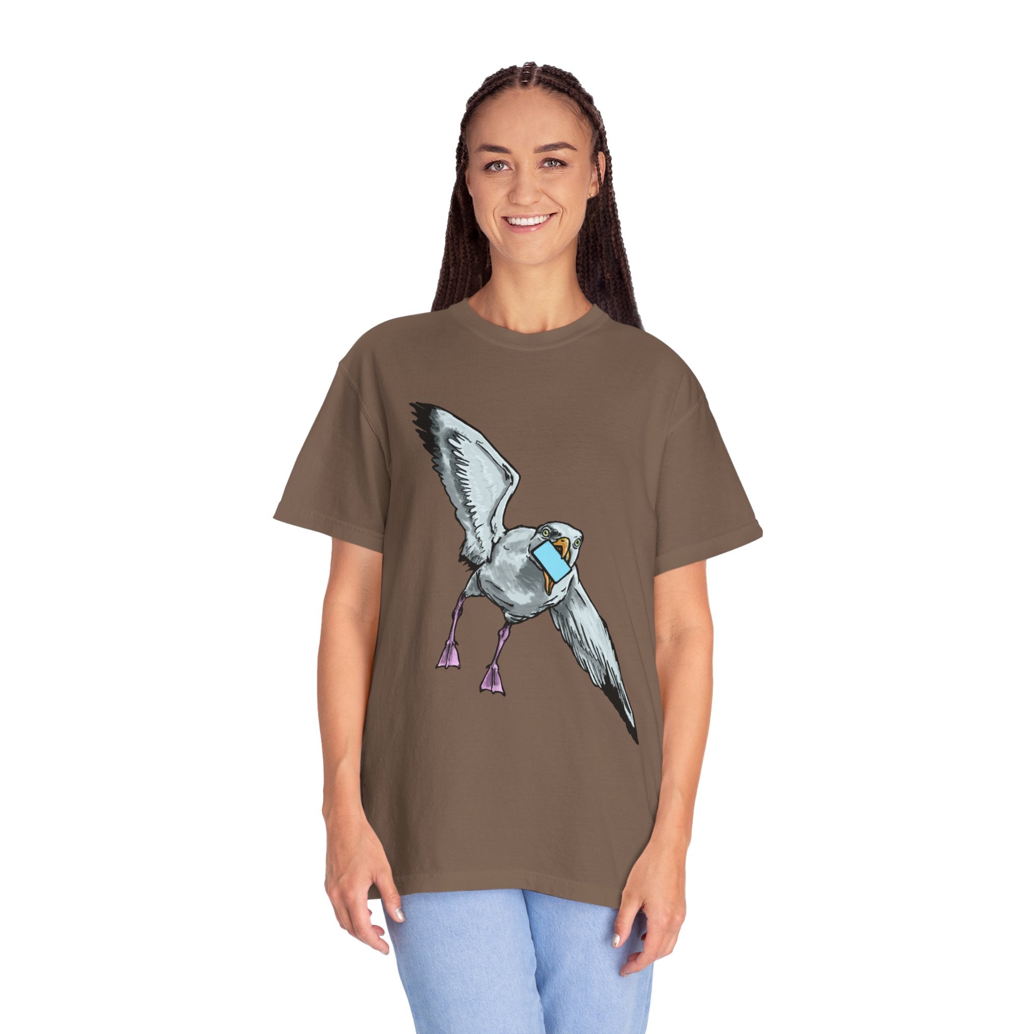Hand-drawn pizza-stealing seagull monster t-shirt, outstretched wings and purple legs on tee from PizzaBytes collection