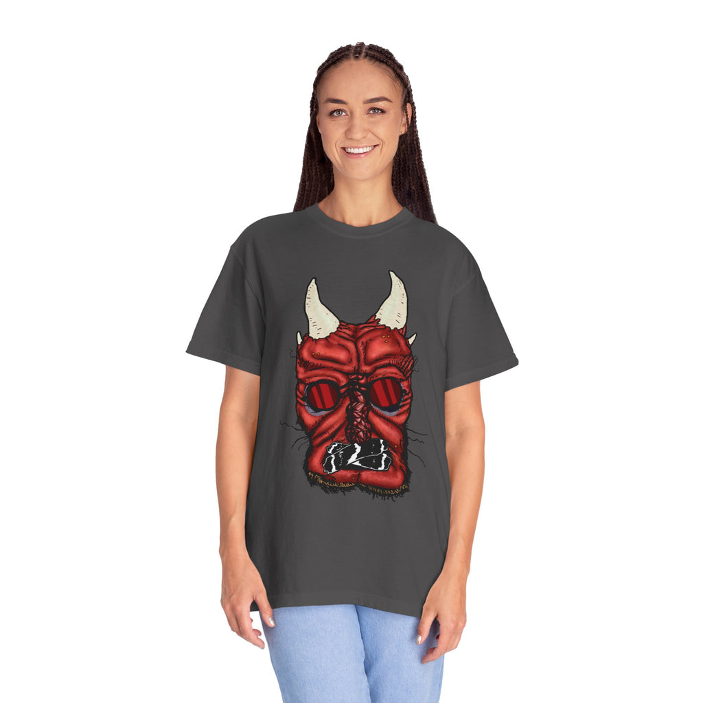 Freaky Features Demon t-shirt, front shows red demon head with horns and glowing eyes, back shows open pizza box being raided by little red devils
