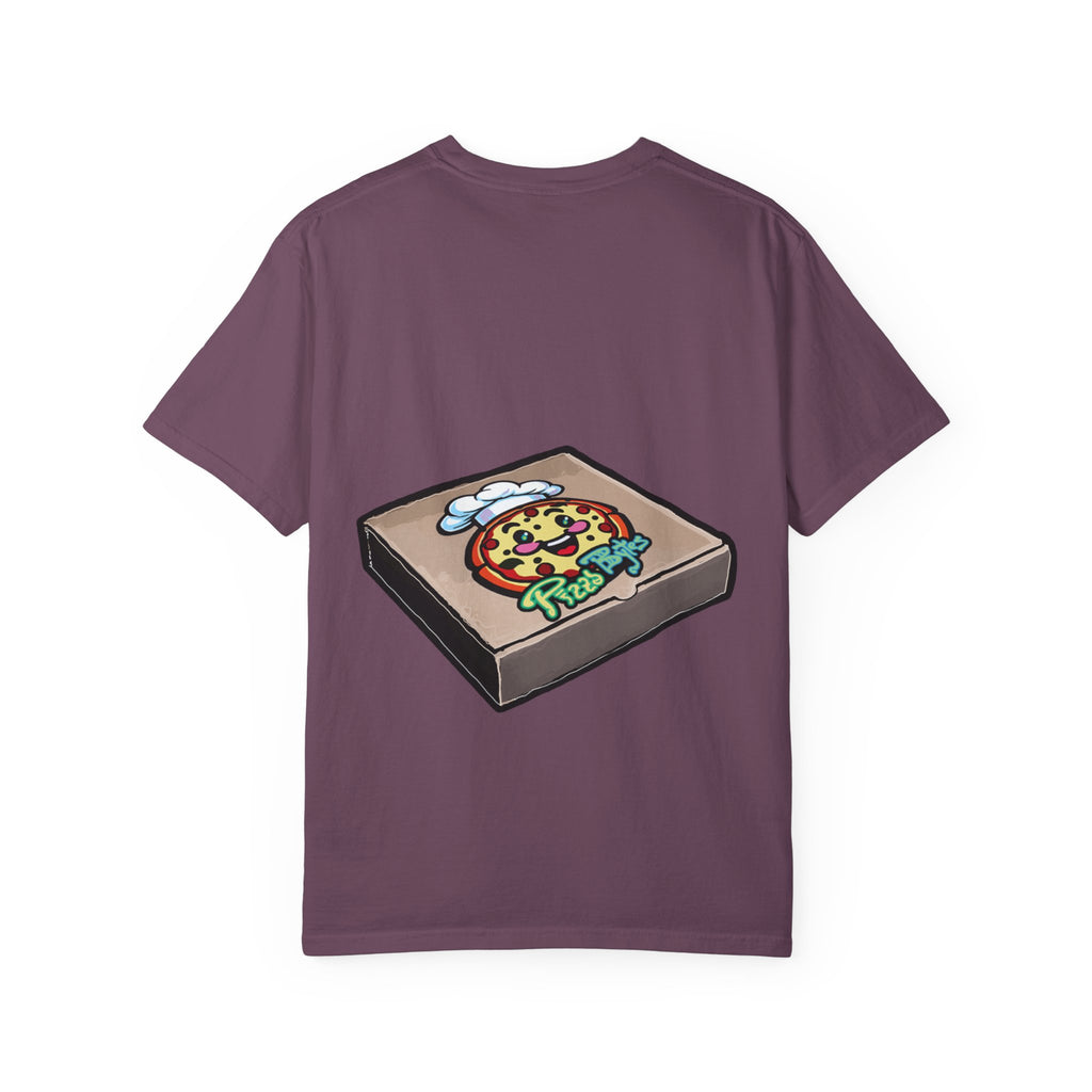 Hand-drawn binary pizza box t-shirt showing open pizza box filled with binary code 010101 from PizzaBytes collection

