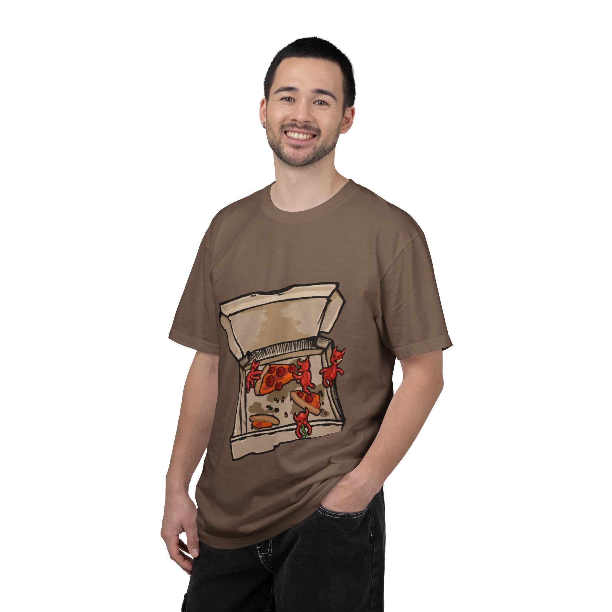 Hand-drawn little devils pizza box t-shirt showing open pizza box with cute red devils eating and stealing pepperoni pizza slices from PizzaBytes collection

