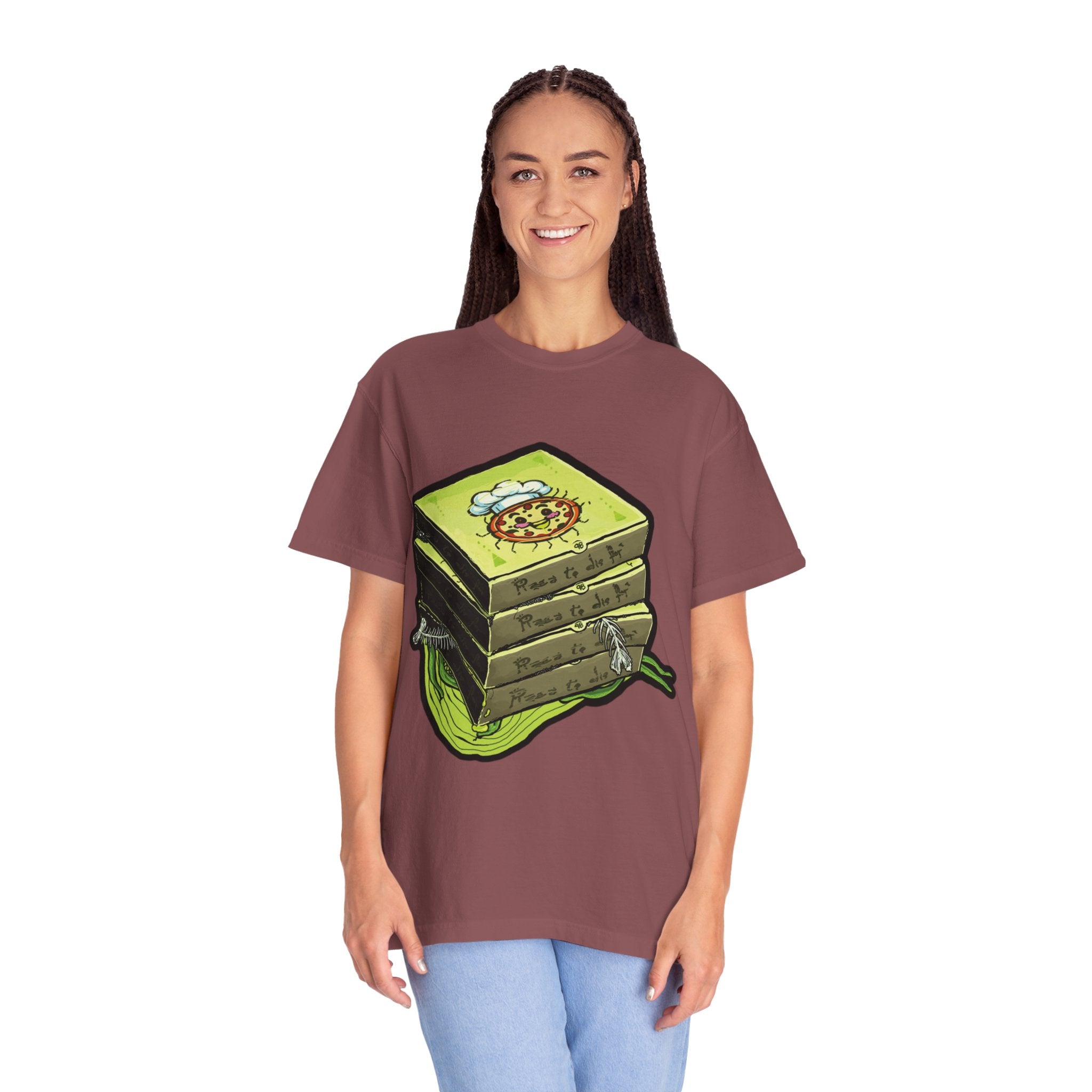 Hand-drawn toxic pizza stack t-shirt with glowing green pizza character and slimy tentacle on tee from PizzaBytes collection