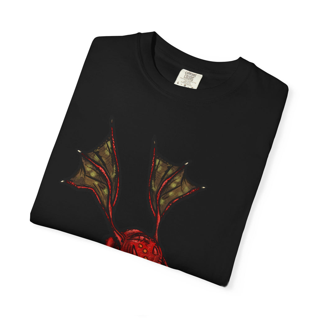 Freaky Features Fire Imp t-shirt, front shows a red bat-winged fire imp, back shows a monster-headed pizza box being raided by little red devils 
