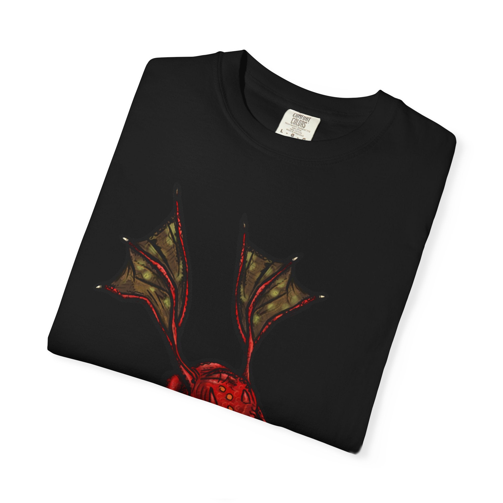 Freaky Features Fire Imp t-shirt, front shows a red bat-winged fire imp, back shows a monster-headed pizza box being raided by little red devils 
