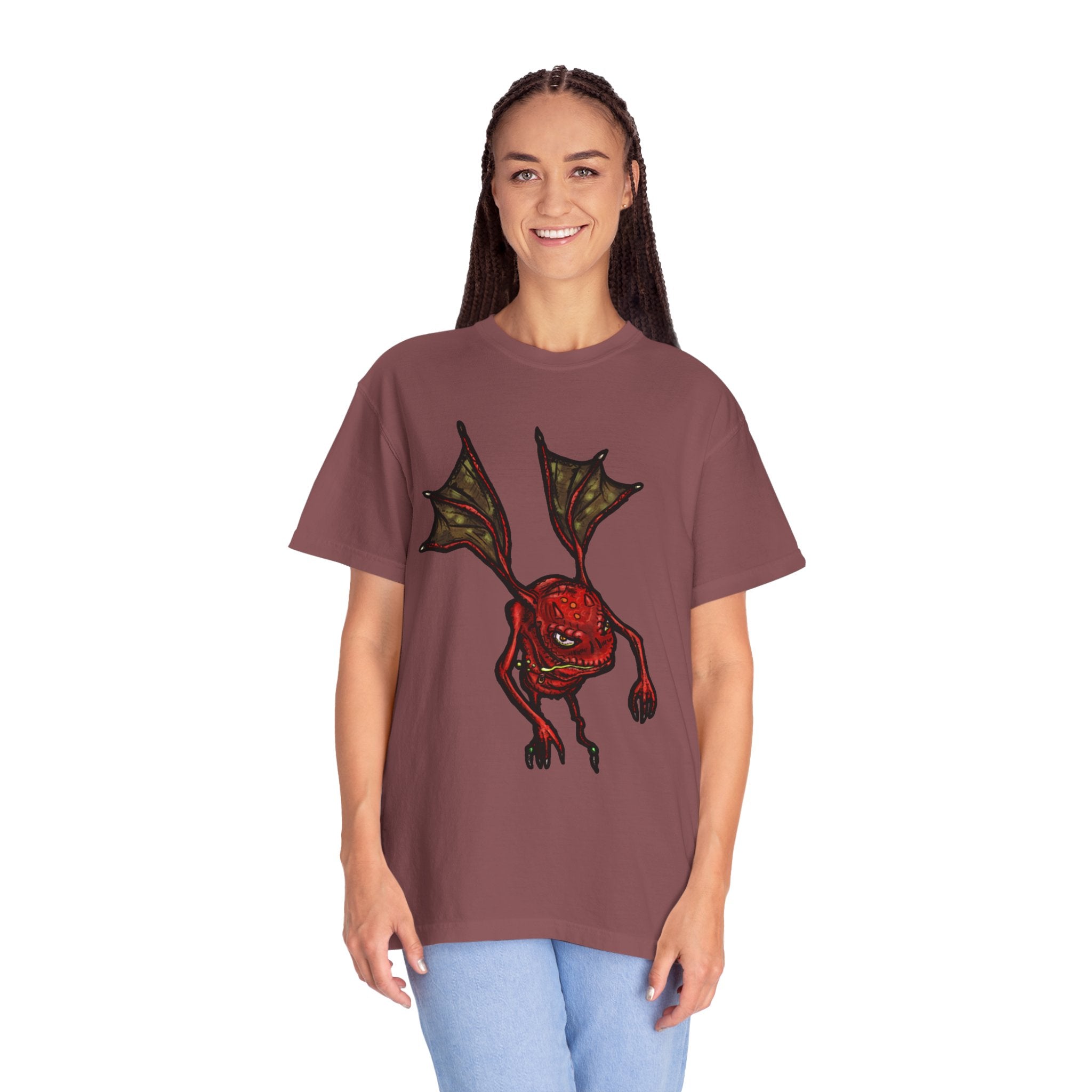 Freaky Features Fire Imp t-shirt, front shows a red bat-winged fire imp, back shows a monster-headed pizza box being raided by little red devils 
