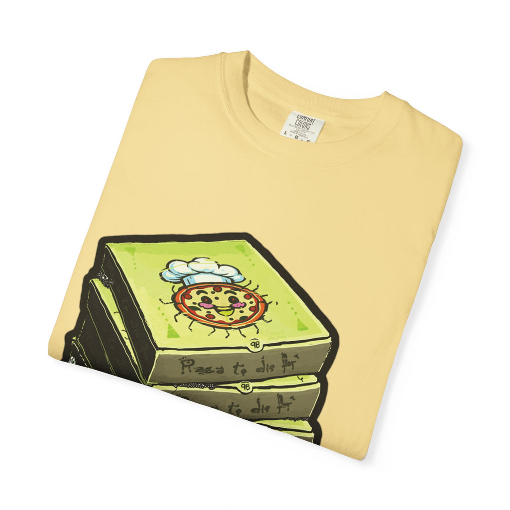 Hand-drawn toxic pizza stack t-shirt with glowing green pizza character and slimy tentacle on tee from PizzaBytes collection