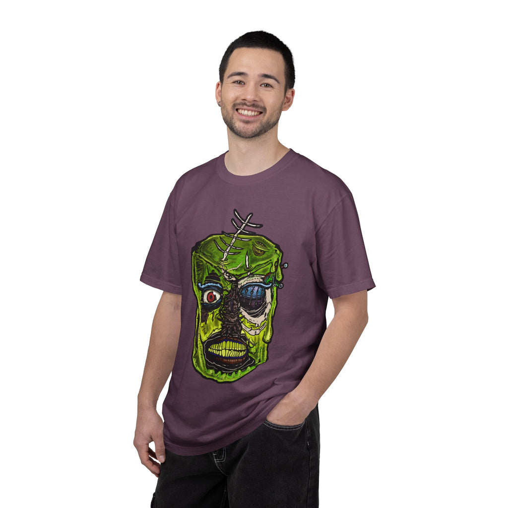 Freaky Features Radioactive Blob t-shirt, front shows neon green radioactive blob monster with cracked skull and glowing eyes, back shows open pizza box with glowing green jelly
