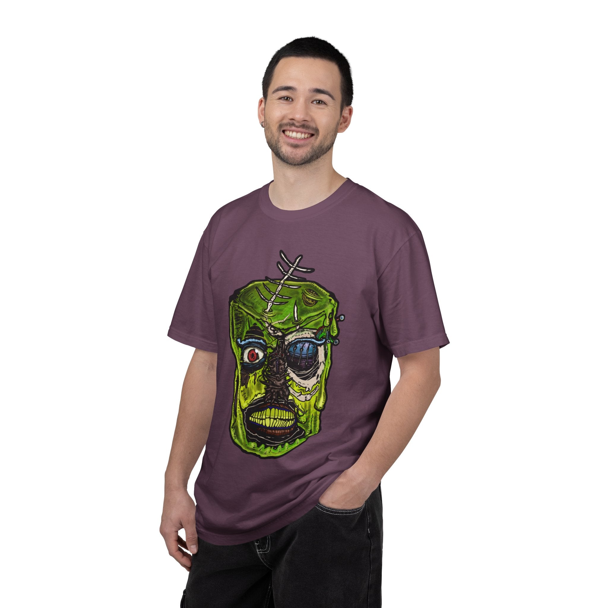 Freaky Features Radioactive Blob t-shirt, front shows neon green radioactive blob monster with cracked skull and glowing eyes, back shows open pizza box with glowing green jelly
