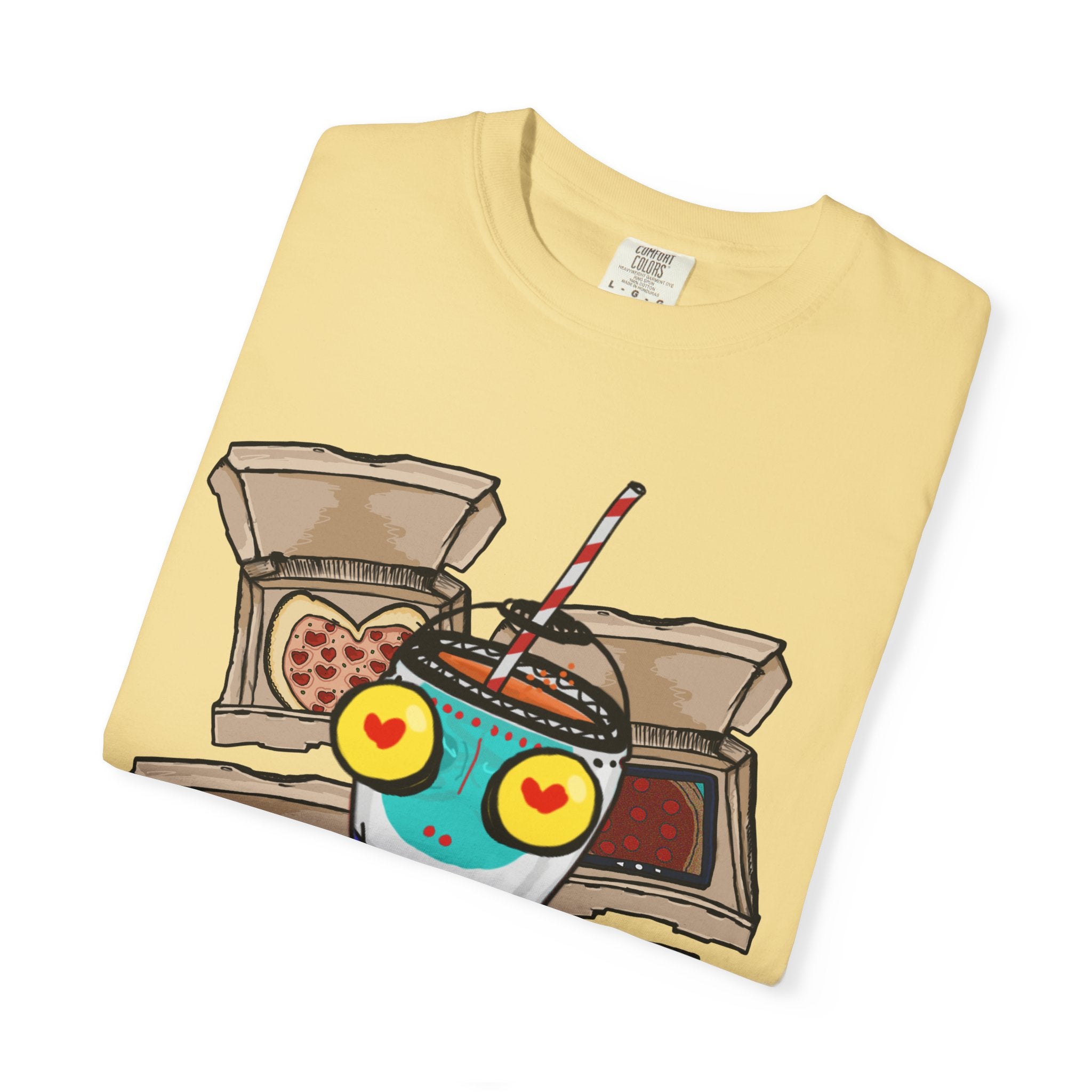 Hand-drawn PizzaBytes Set #4 t-shirt showing a cute blue soda cup monster with heart eyes in front of multiple open pizza boxes from PizzaBytes collection

