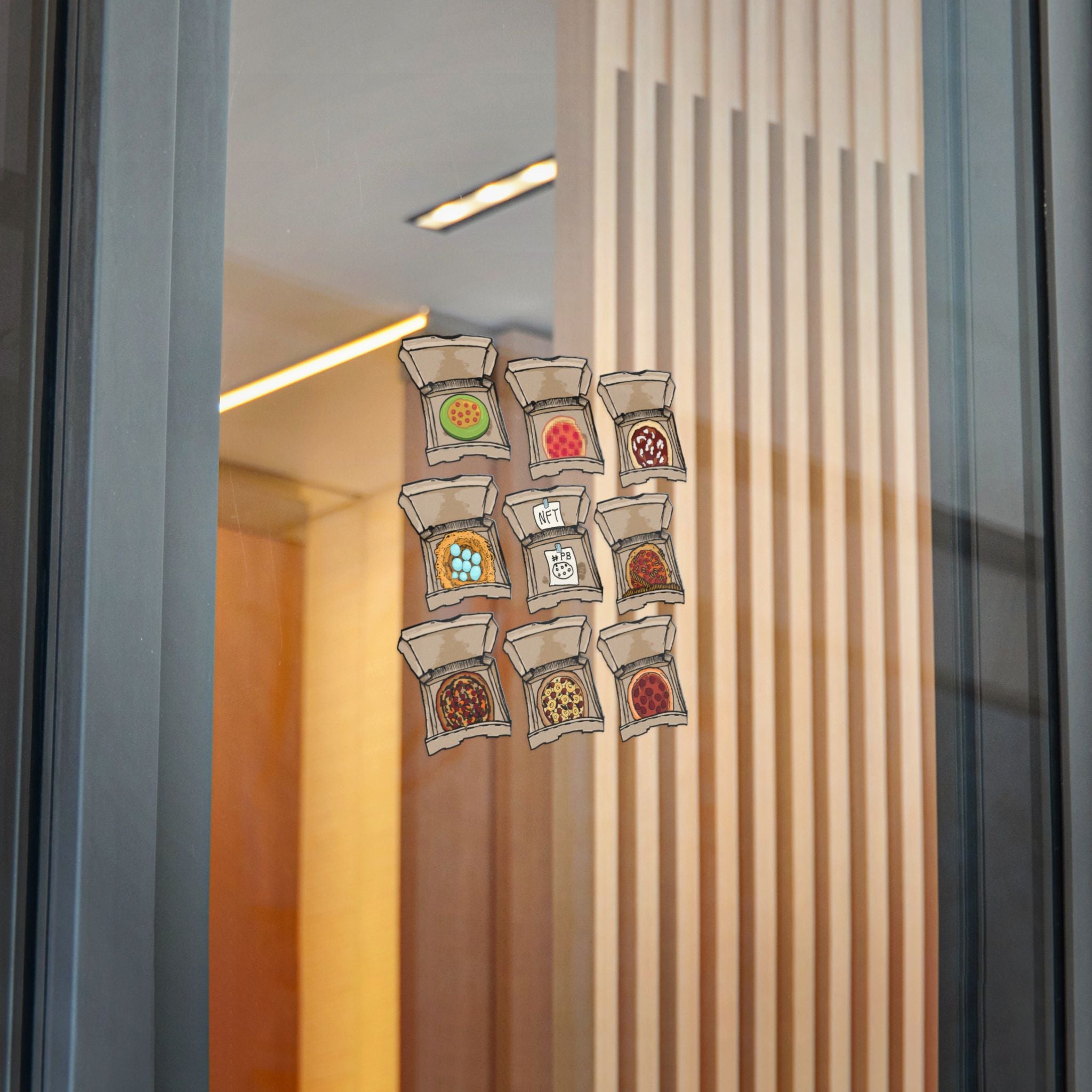 Transparent die-cut sticker set showing 9 open pizza boxes with weird designs: green frisbee pizza, pixel pepperoni, bird nest, NFT box and more from PizzaBytes Set #2

