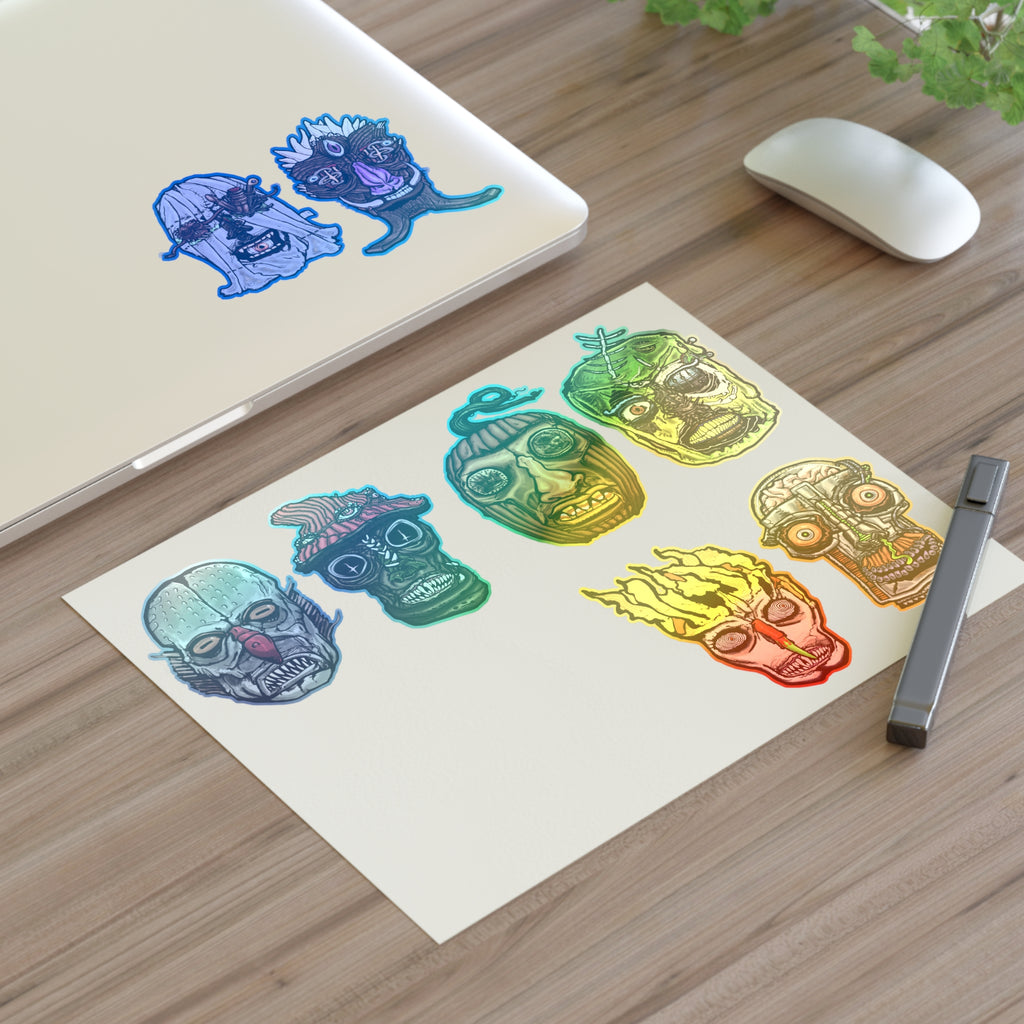 Freaky Features Sticker Sheet Set #2, transparent die-cut sheet with 8 hand-drawn monster heads including Fishman, Mushroom Boy, PumpkinJack, Radioactive Blob, Ghost, Flaming Skull, and Robo Bobo
