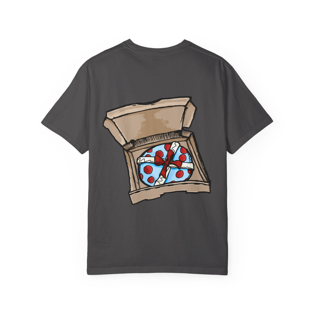 Freaky Features Gremlin t-shirt, front shows grotesque gremlin head with yellow hair and long tongue, back shows open pizza box with wrapped gift inside
