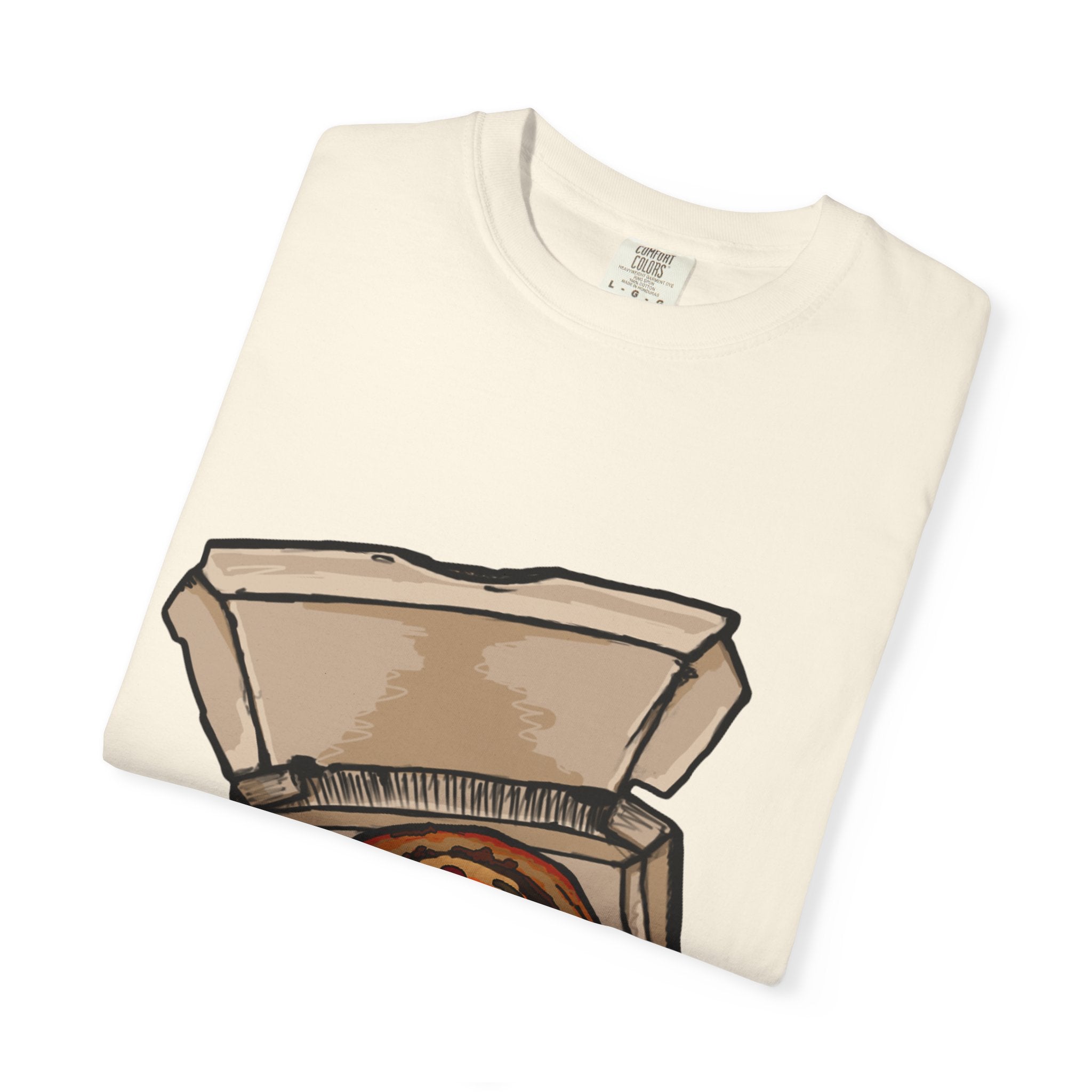 Hand-drawn pepperoni green pepper mushroom pizza box t-shirt showing open pizza box with pepperoni, green pepper and mushroom pizza from PizzaBytes collection

