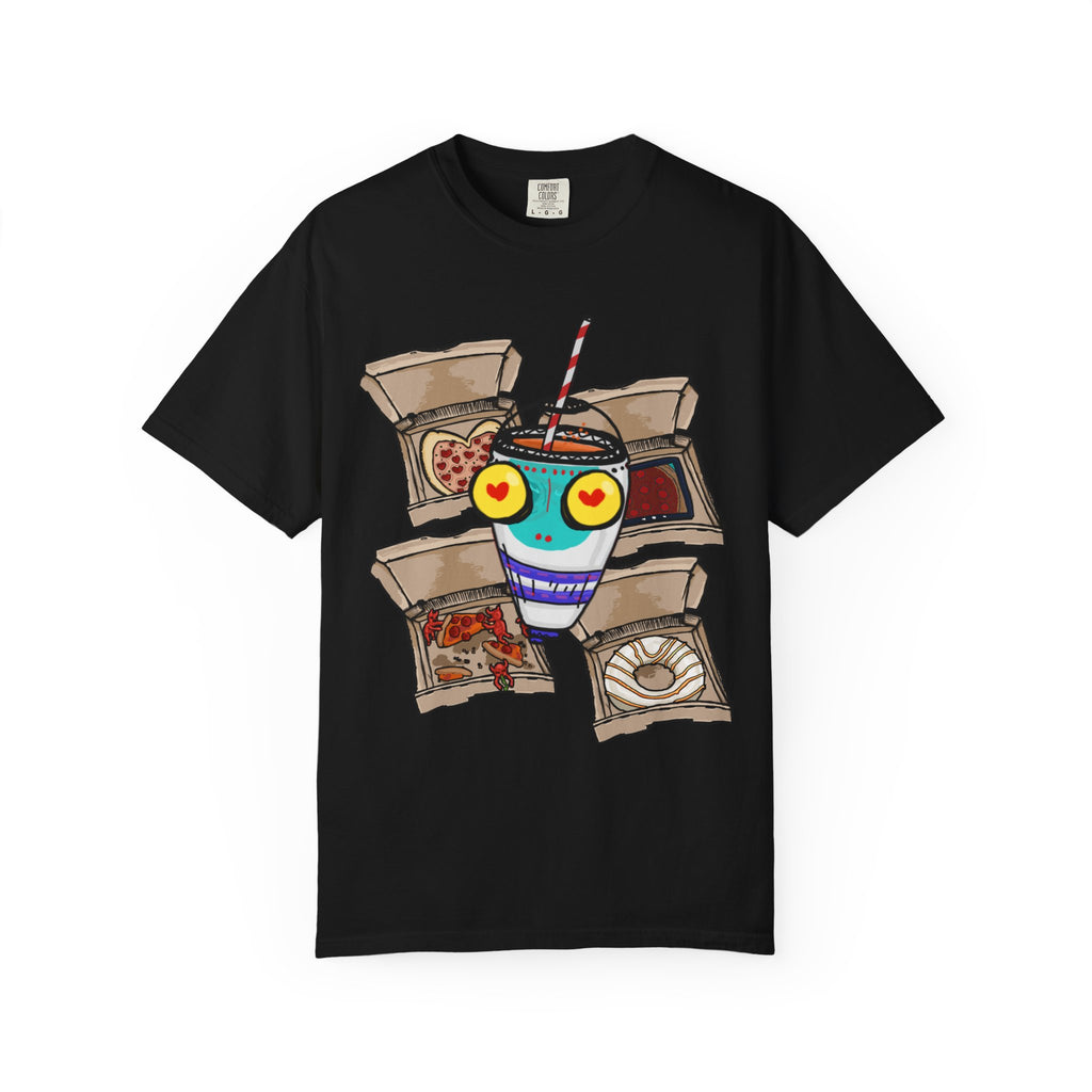 Hand-drawn PizzaBytes Set #4 t-shirt showing a cute blue soda cup monster with heart eyes in front of multiple open pizza boxes from PizzaBytes collection

