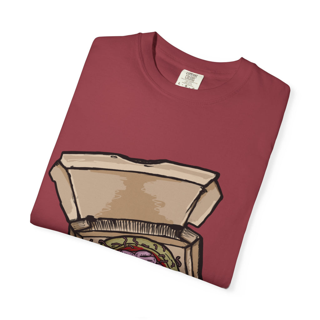 Hand-drawn brain pizza box t-shirt showing open pizza box with a detailed human brain pizza from PizzaBytes collection

