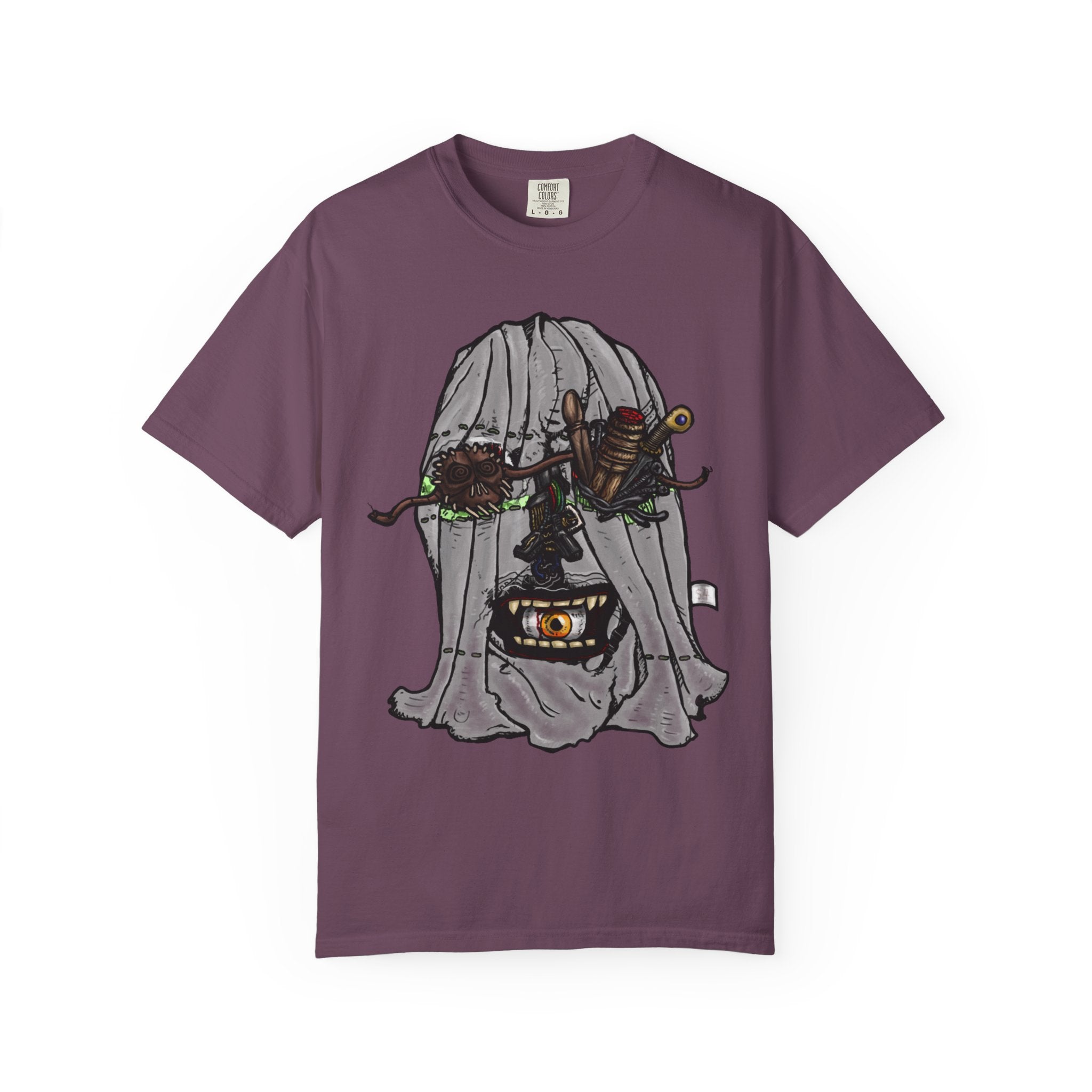 Freaky Features Ghost t-shirt, front shows creepy ghost hood with weapons and screaming eye mouth, back shows open pizza box with floating ghost face


