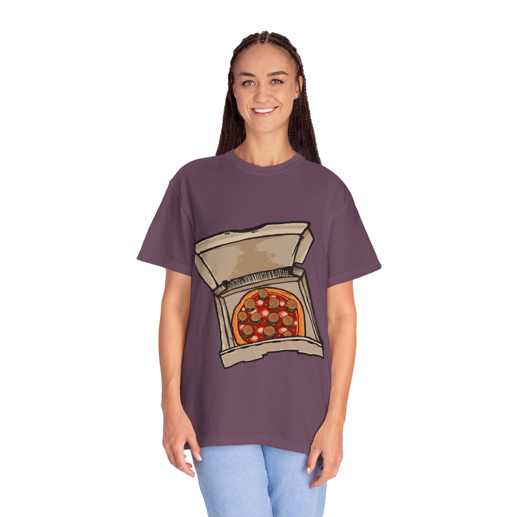 Hand-drawn burger pizza box t-shirt showing open pizza box with pepperoni pizza topped with mini cheeseburgers on Comfort tee from PizzaBytes collection