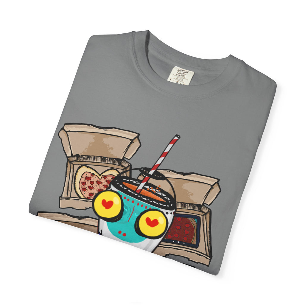 Hand-drawn PizzaBytes Set #4 t-shirt showing a cute blue soda cup monster with heart eyes in front of multiple open pizza boxes from PizzaBytes collection

