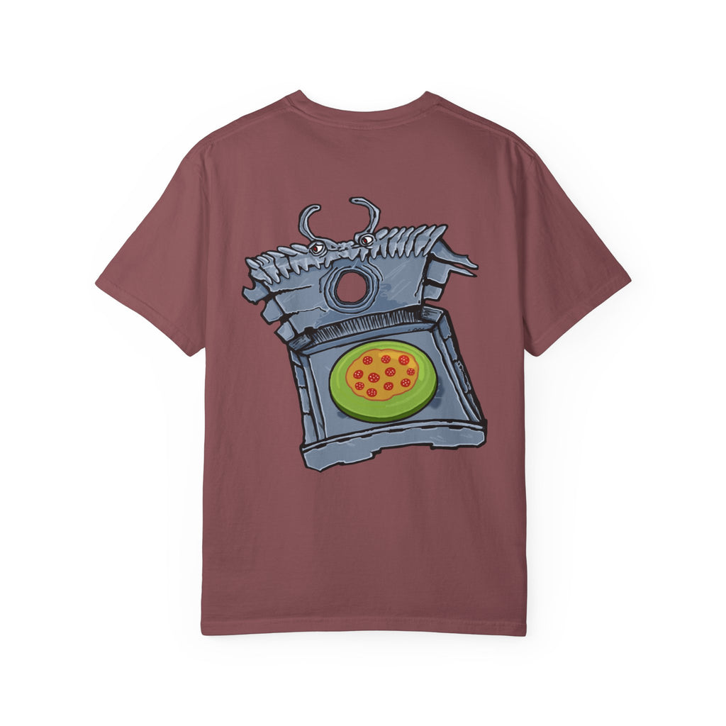 Freaky Features Franky t-shirt, front shows Frankenstein-style monster head with cucumber eyes and poison vial nose, back shows monster-headed pizza box with green pizza frisbee