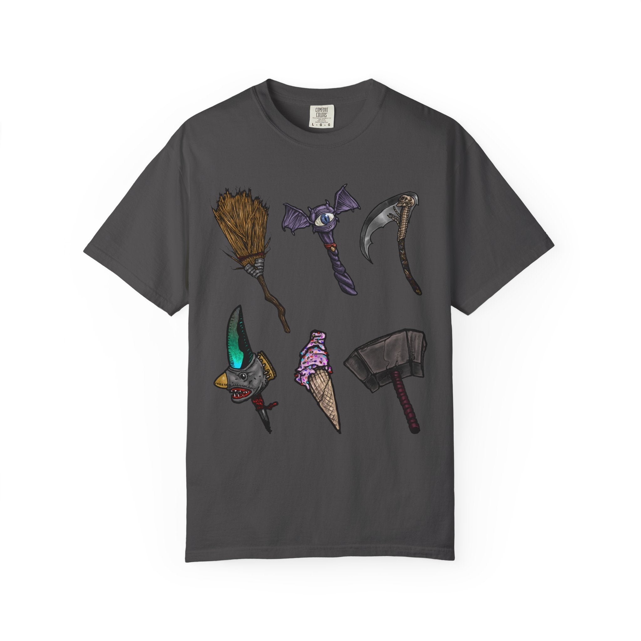 Hand-drawn Item Selection #1 t-shirt from Freaky Features showing a collection of monster weapons: broom, bat staff, skeletal scythe, shark dagger, ice cream cone and war hammer on dark gray tee


